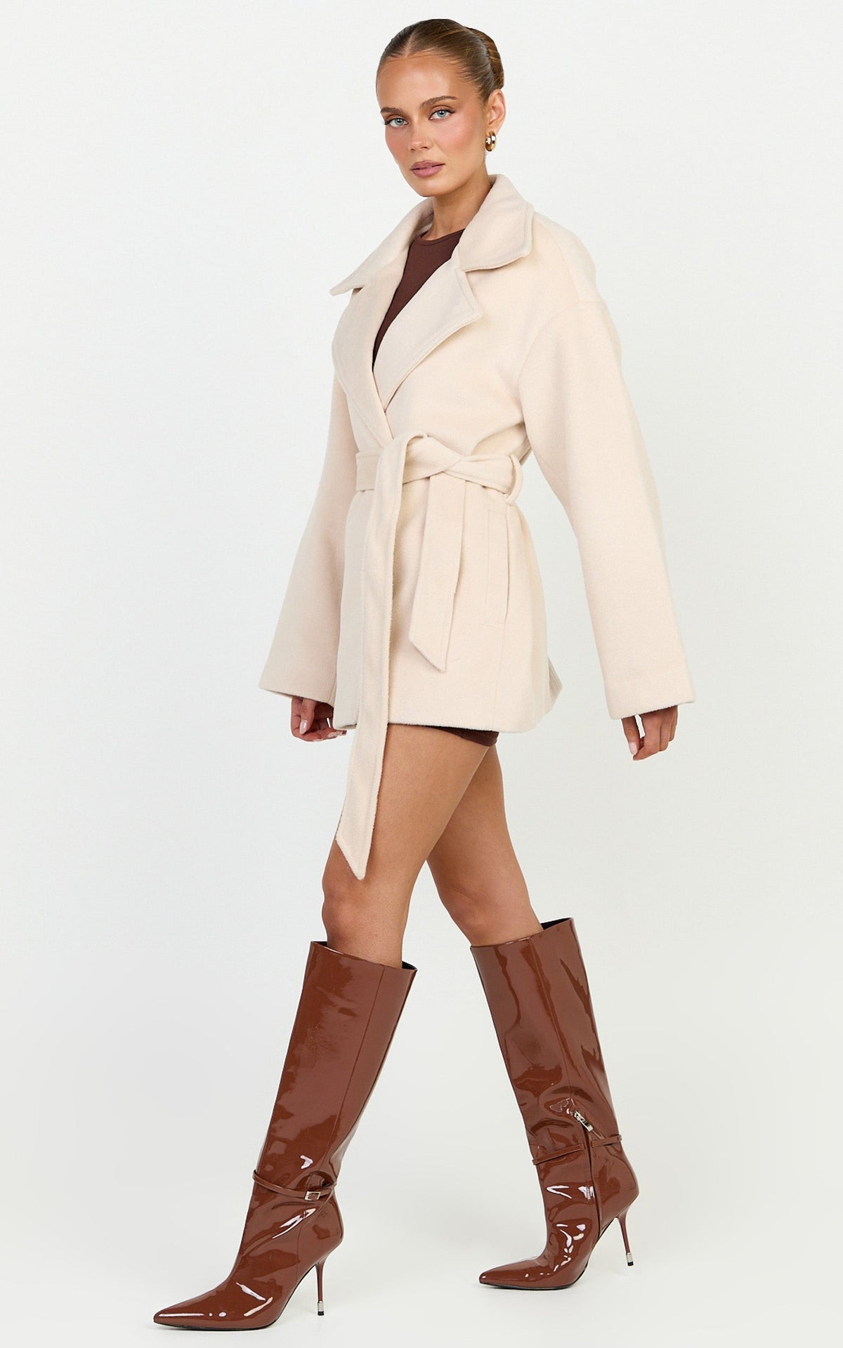 Dahlia Coat - Single Breasted Belted Short Wool Like Coat in Beige