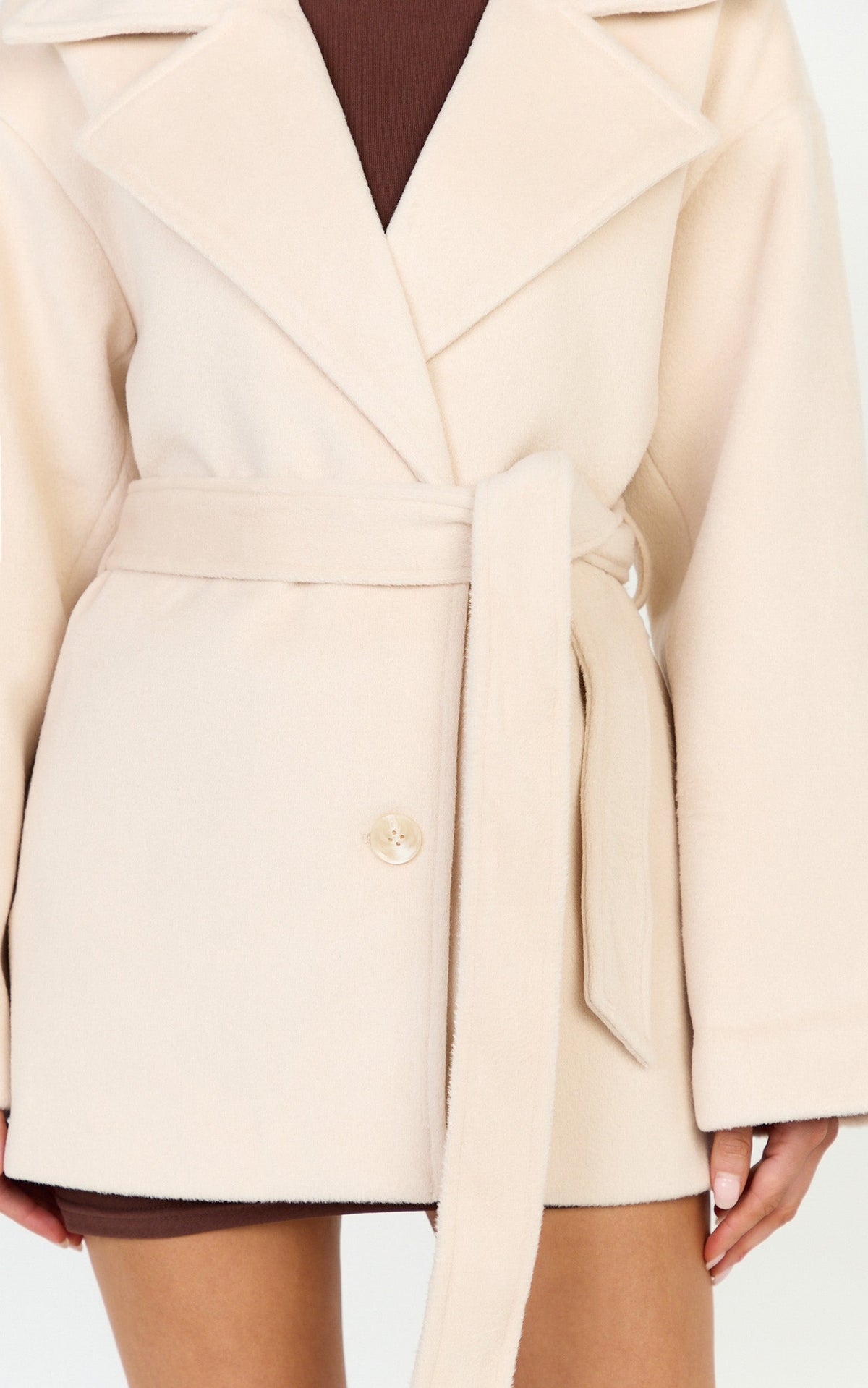Dahlia Coat - Single Breasted Belted Short Wool Like Coat in Beige
