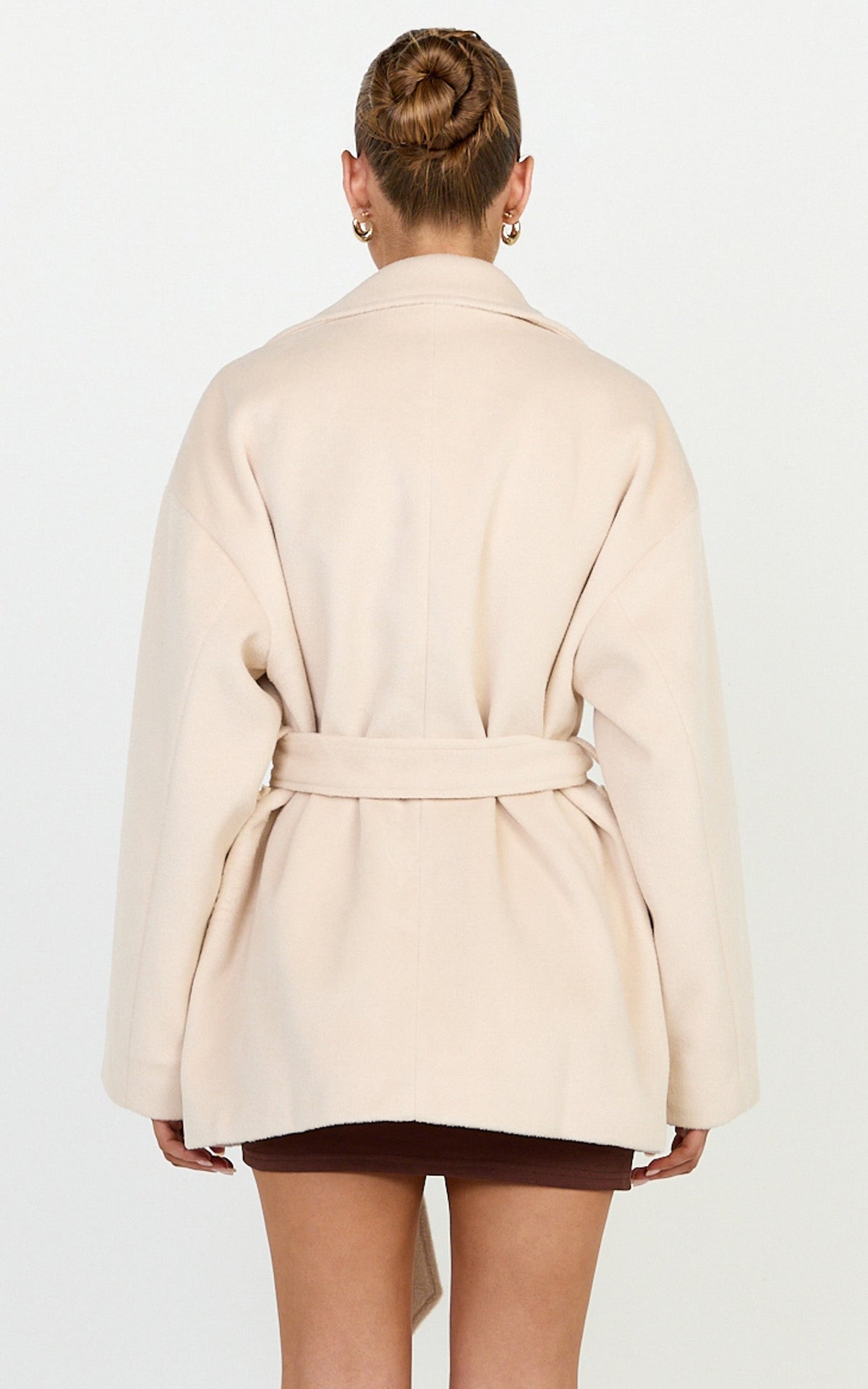 Dahlia Coat - Single Breasted Belted Short Wool Like Coat in Beige
