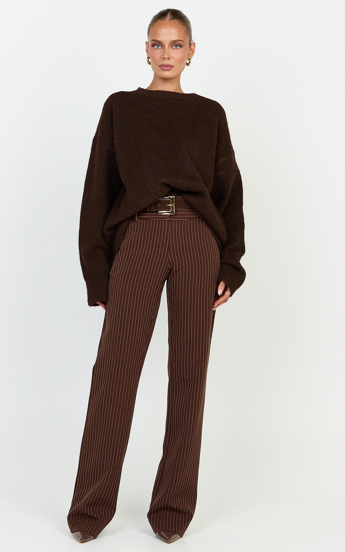 Amanda Jumper - Crew Neck Long Sleeve Knit Sweater in Chocolate