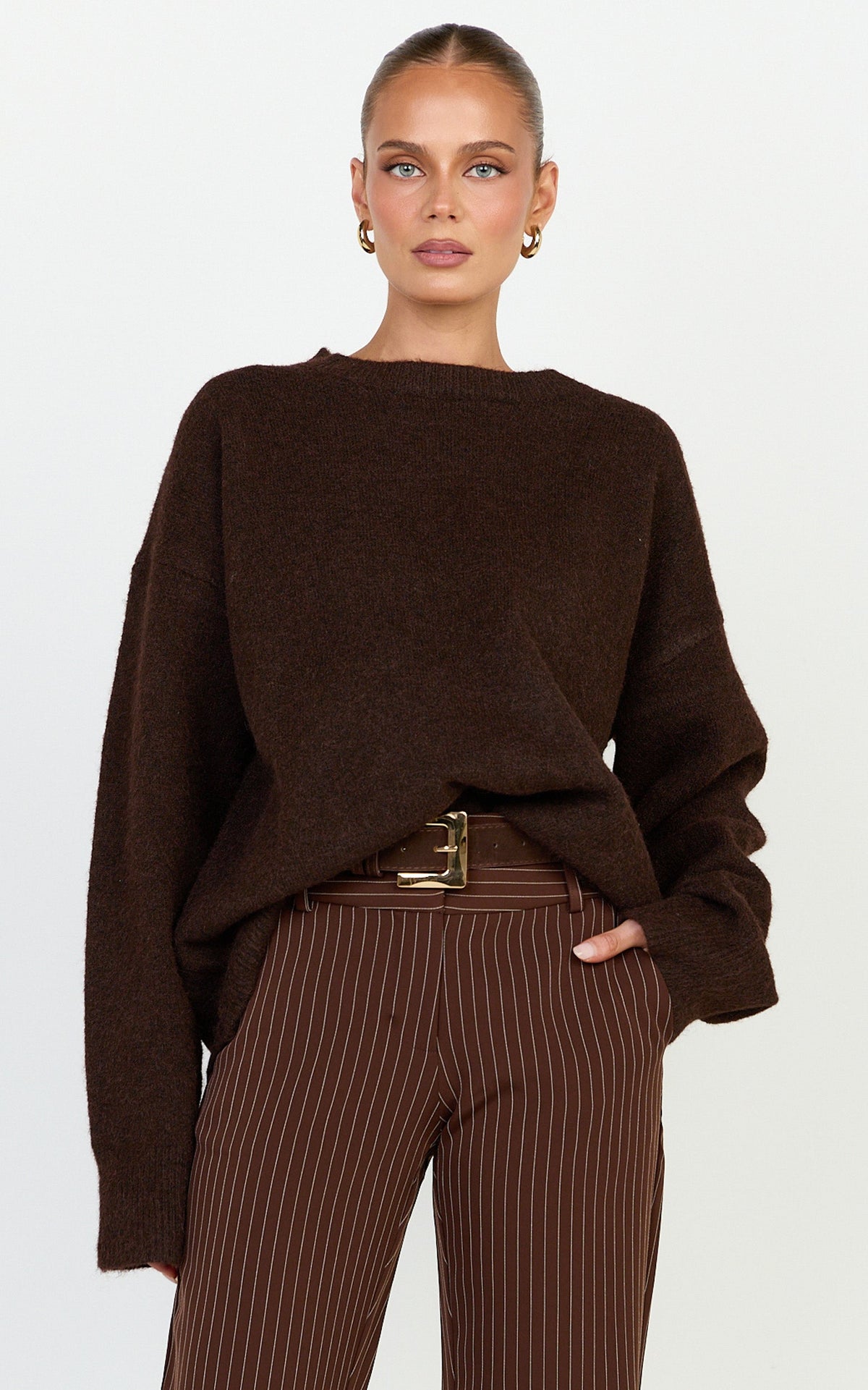 Amanda Jumper - Crew Neck Long Sleeve Knit Sweater in Chocolate