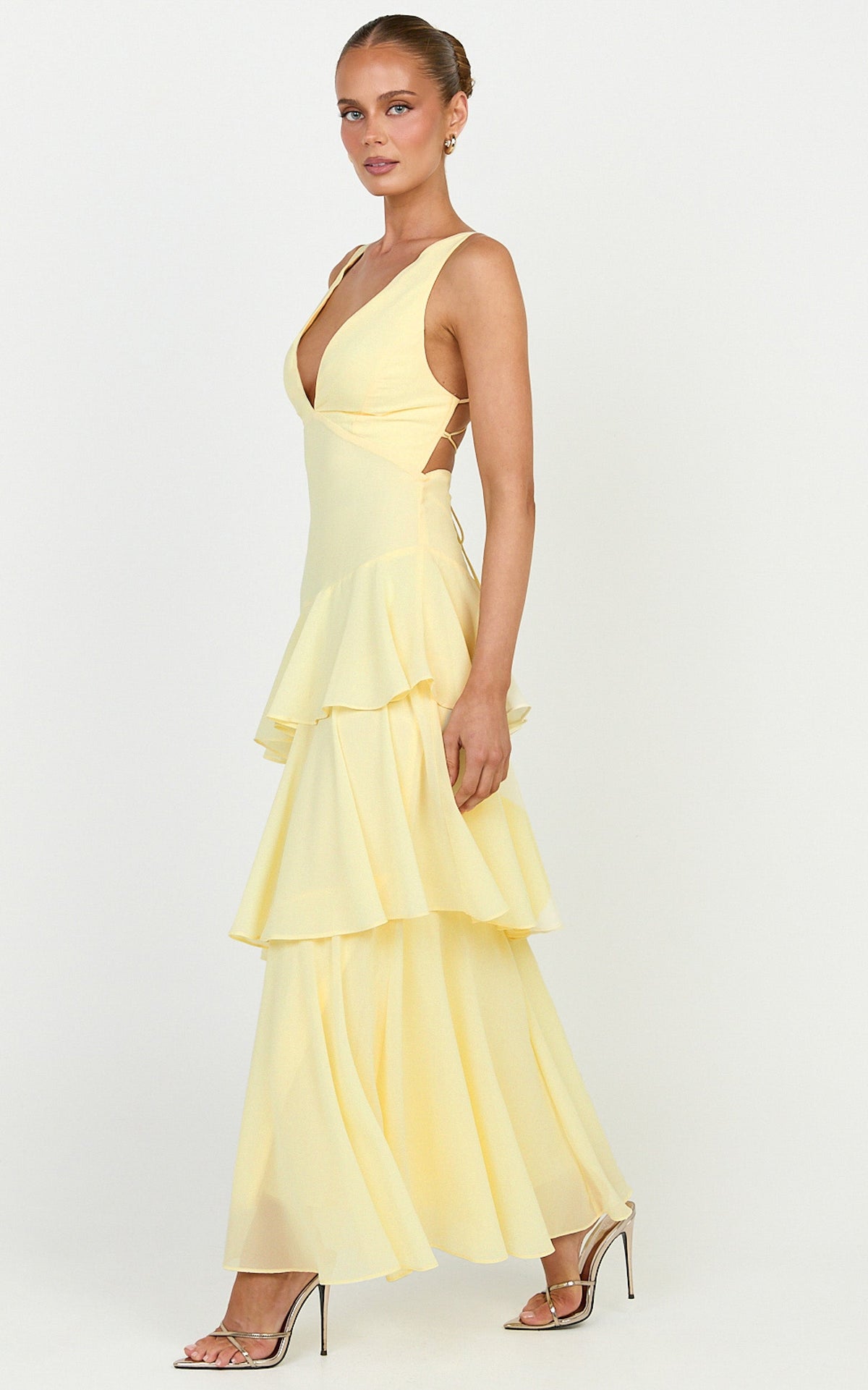 Beryl Midi Dress - Deep V Neck Sleeveless Layered Dress in Lemon