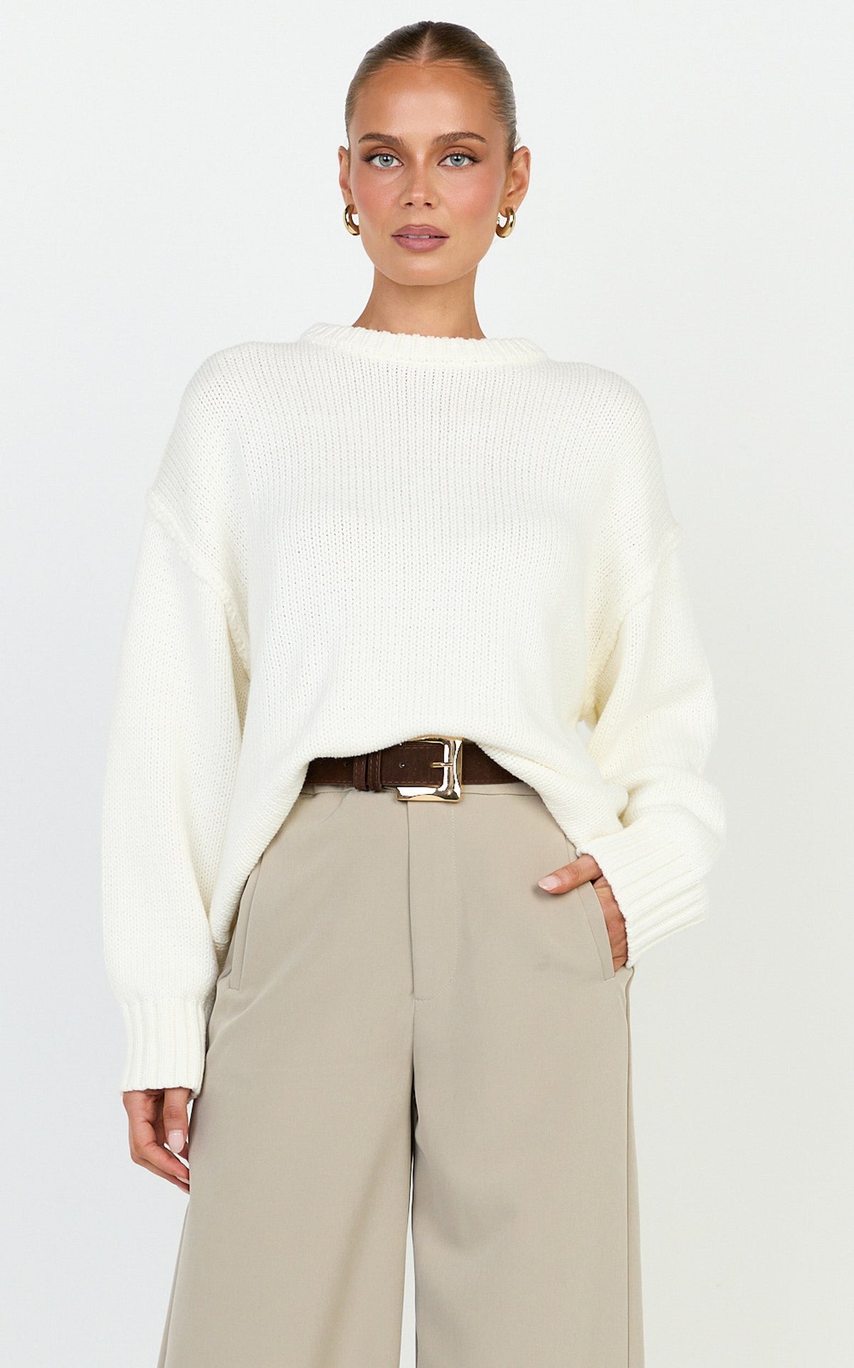 Kira Jumper - Crew Neck Oversized Knit Jumper in White