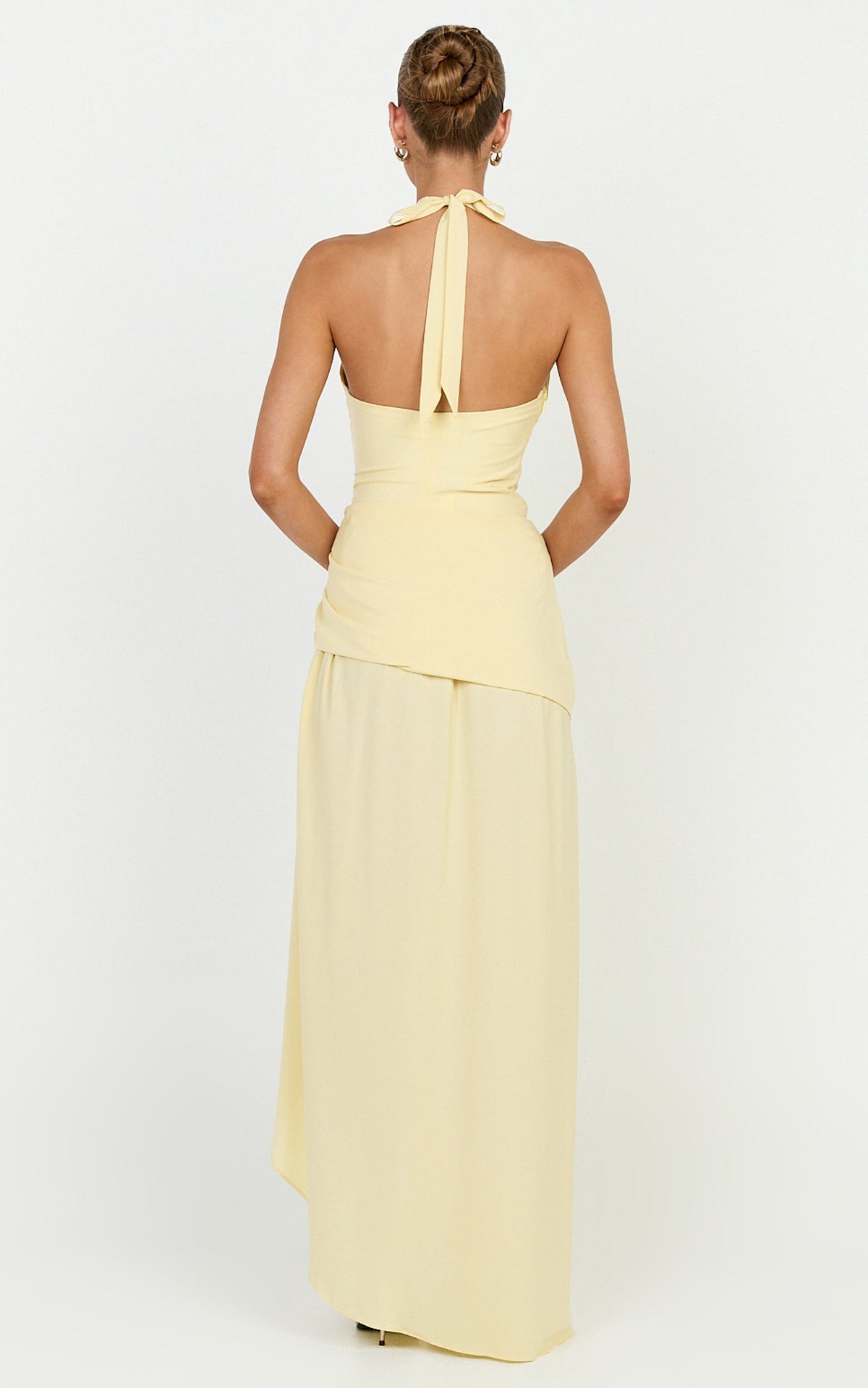 Reef Midi Dress - Plunge Halter Neck Ruched Waist Dress in Lemon
