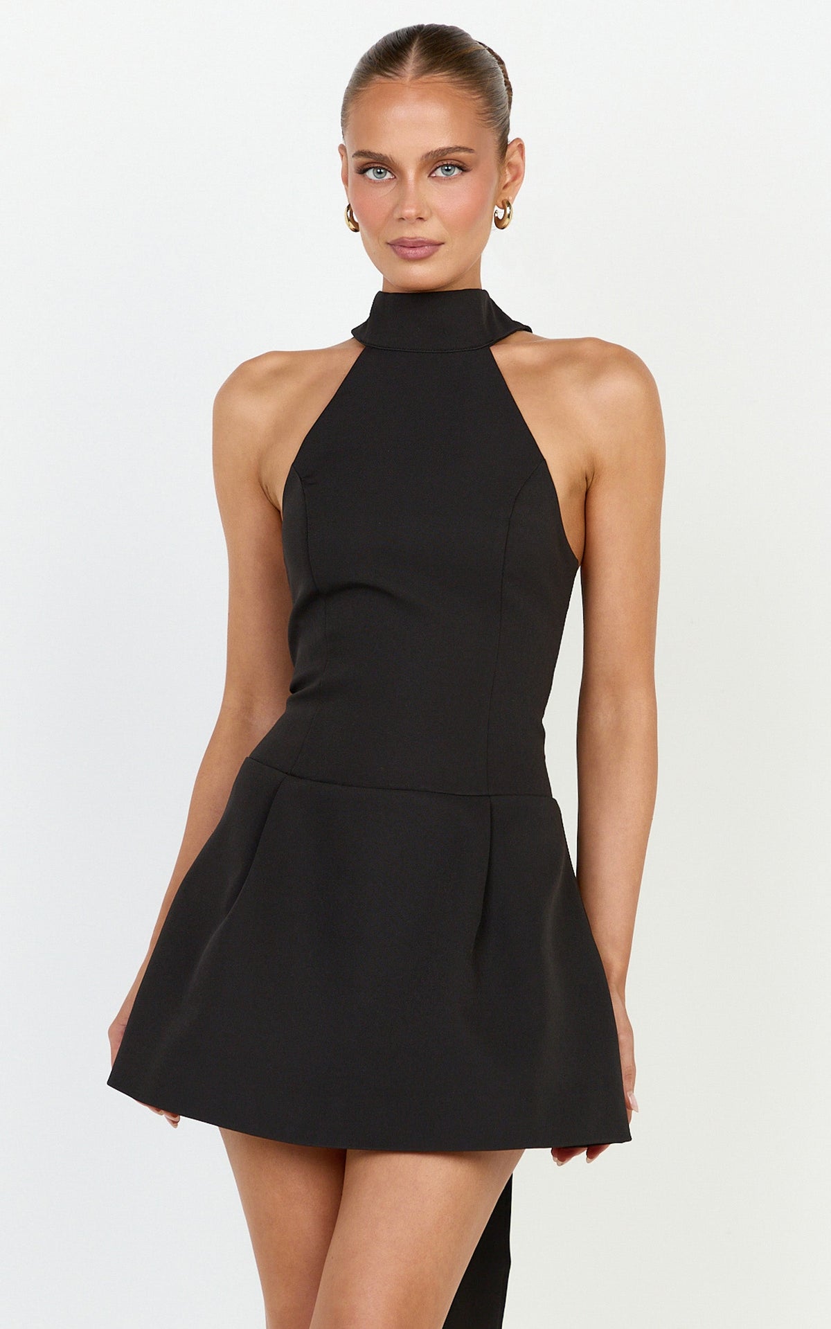 Helia Mini Dress - High Halter Neck Scarf Detail A Line Dress in Black