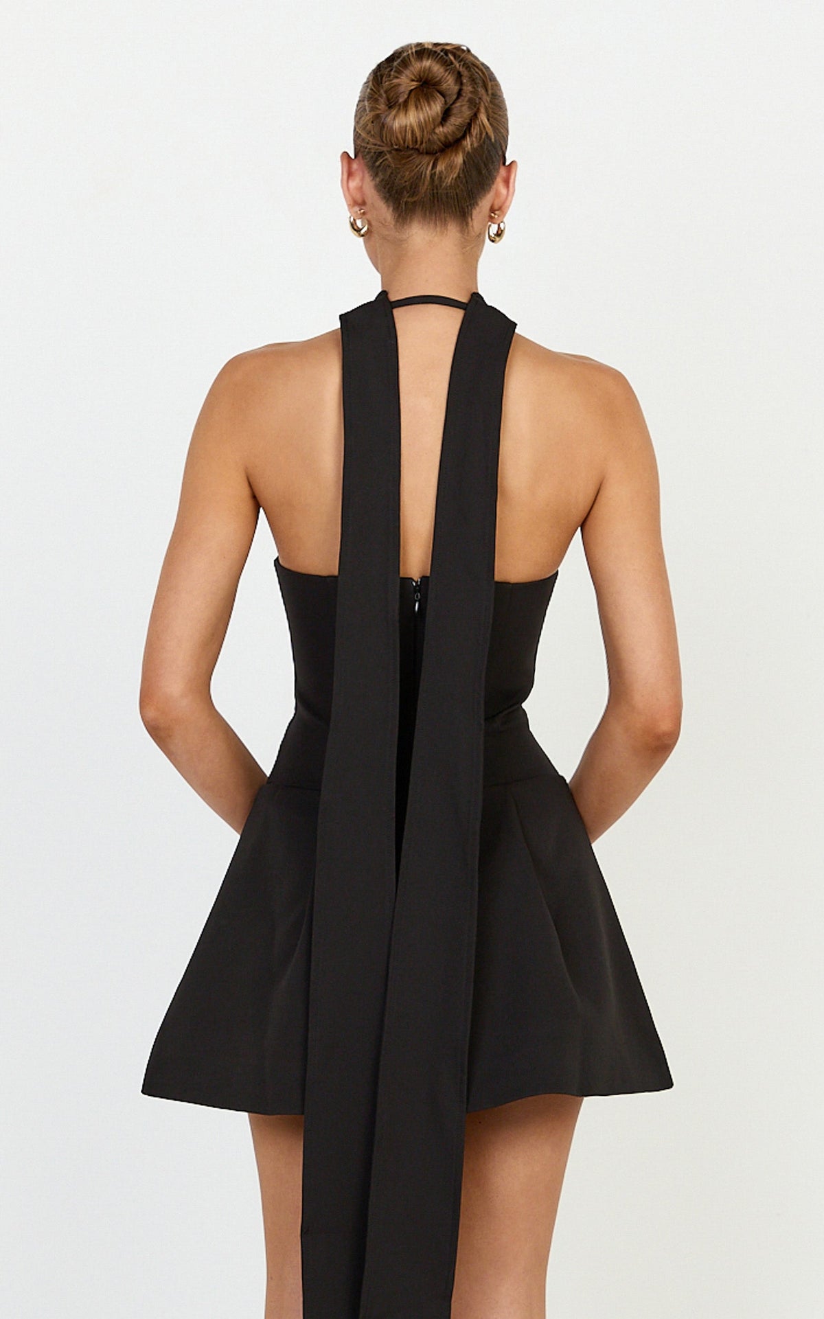 Helia Mini Dress - High Halter Neck Scarf Detail A Line Dress in Black