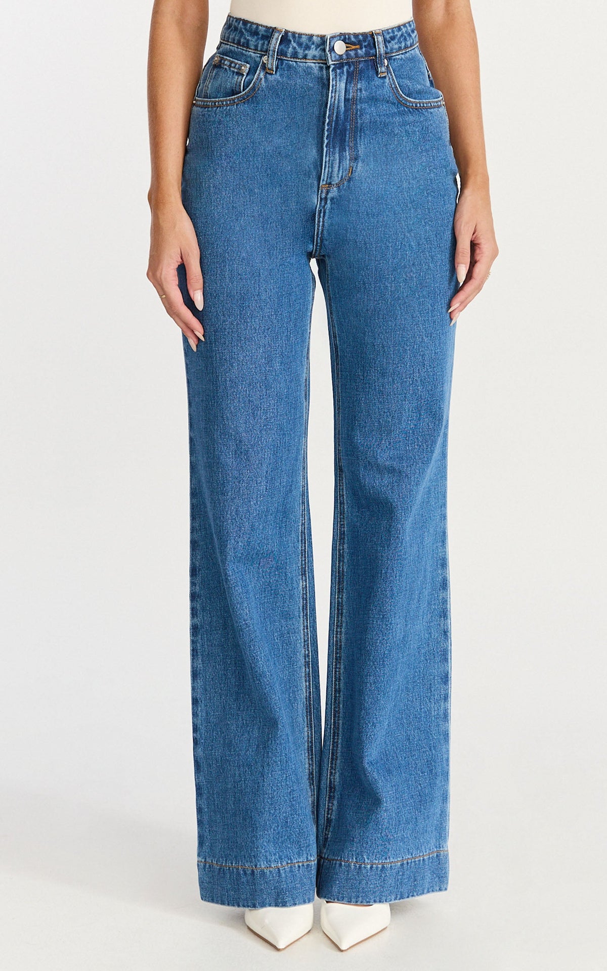 Emman Jeans - High Waisted Cotton Wide Leg Denim Jeans in Dark Blue Wash
