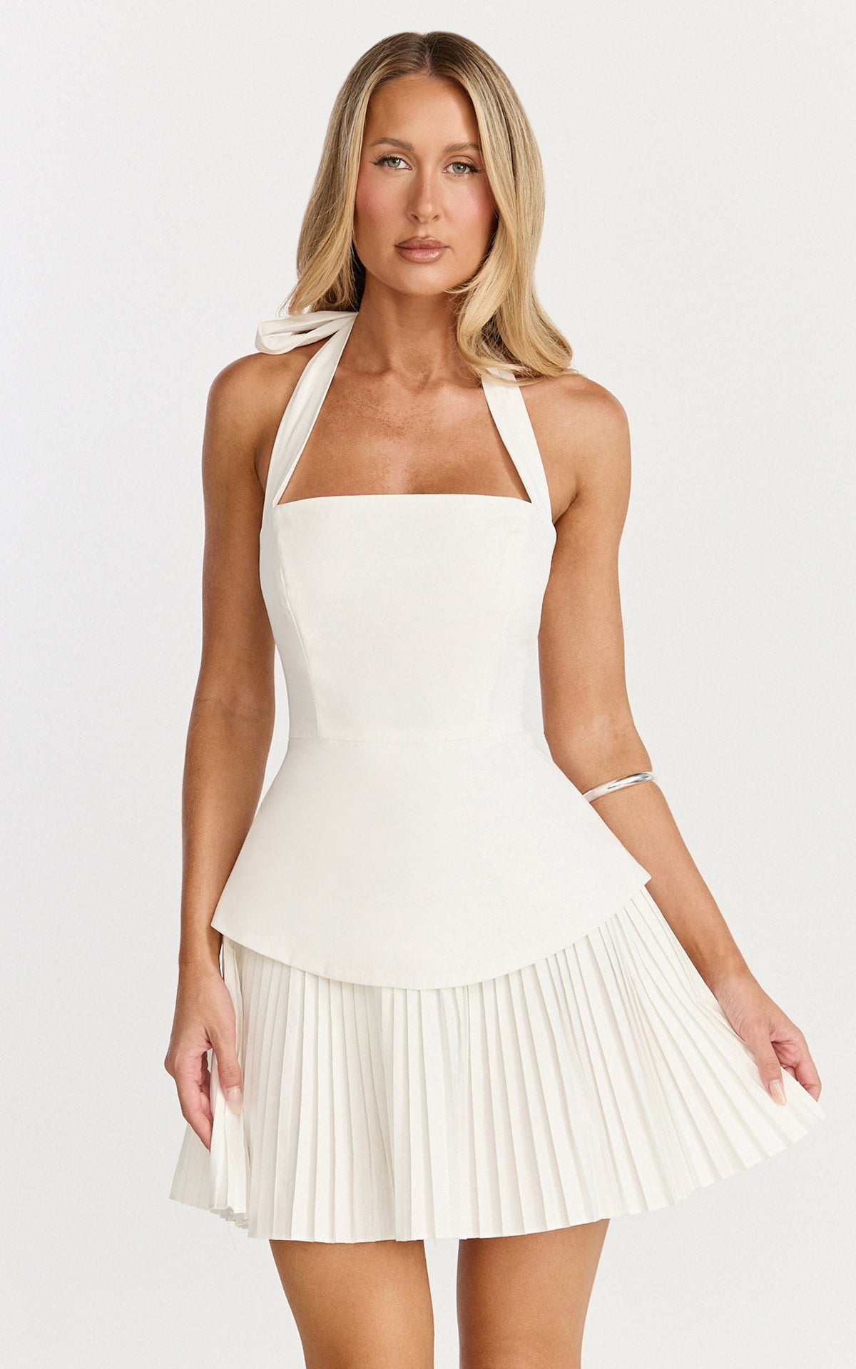 Calla Mini Dress - Halter Neck Peplum Pleated Skirt Dress in Off White