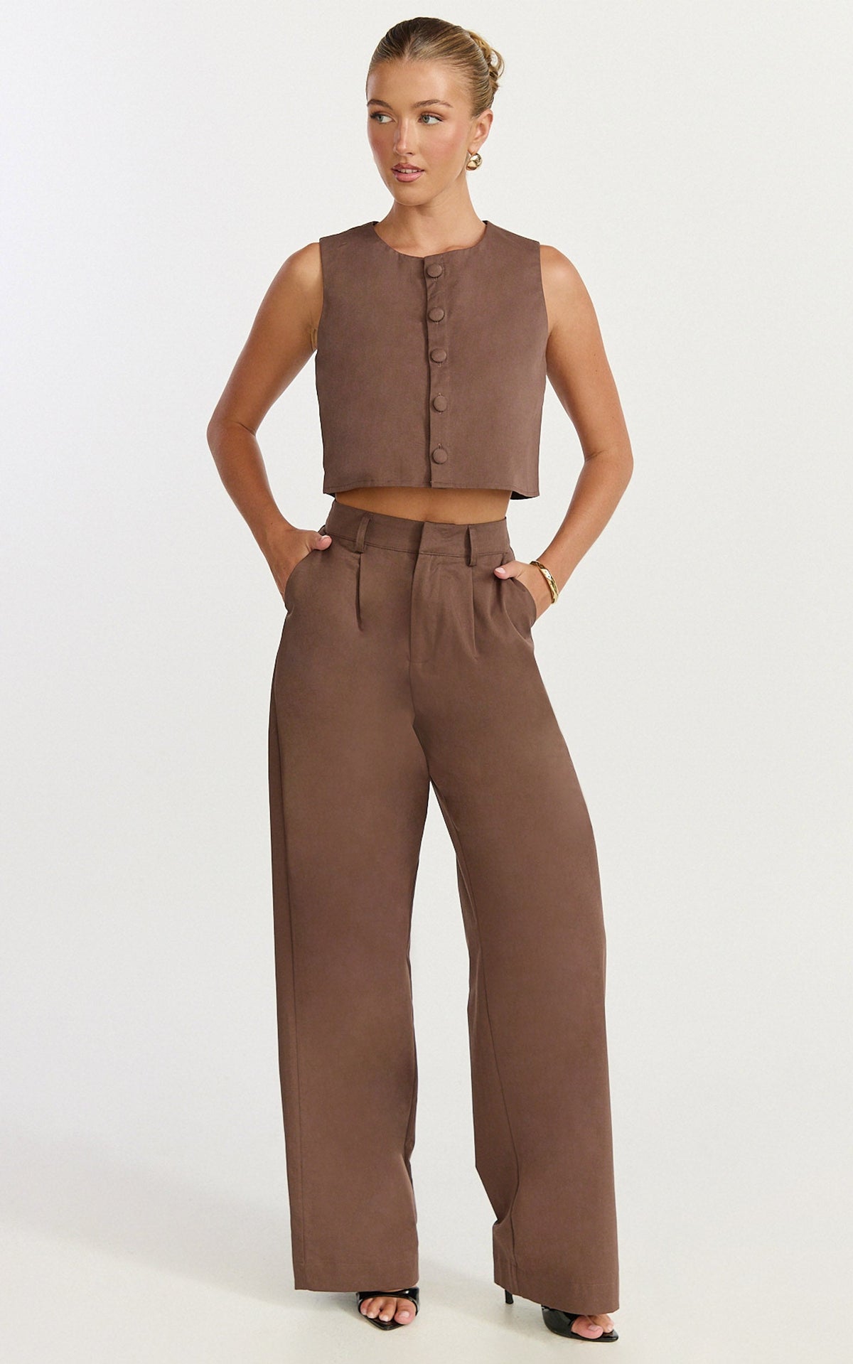 Valencia Two Piece Top and Pants Set - Button Front Vest and High Waisted Pants Set in Mocha