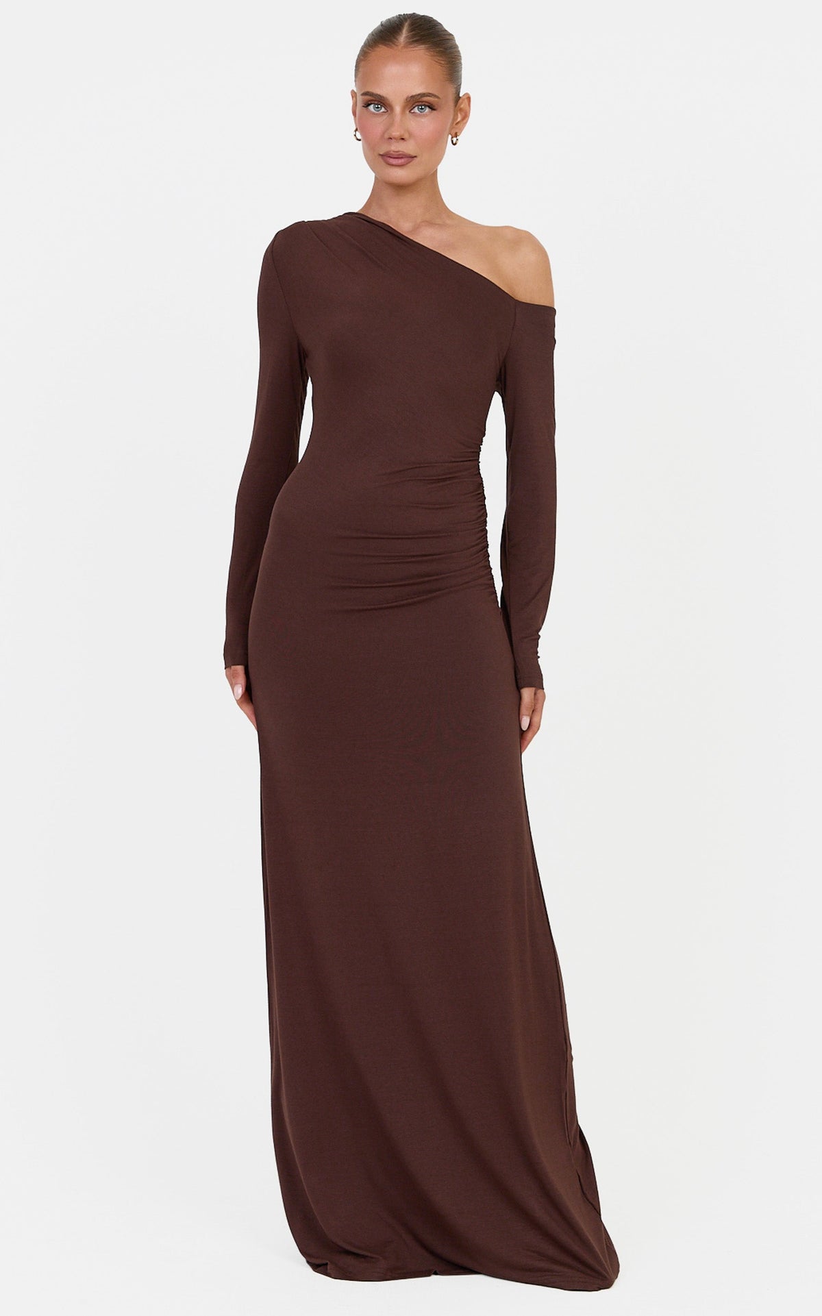 Lacy Maxi Dress - Asymmetrical Off Shoulder Long S in Chocolate