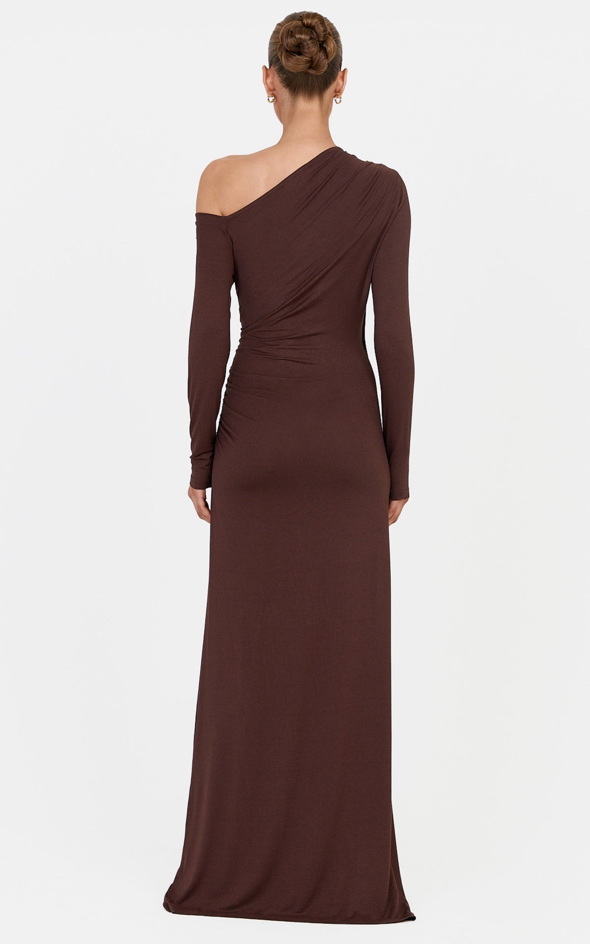Lacy Maxi Dress - Asymmetrical Off Shoulder Long S in Chocolate