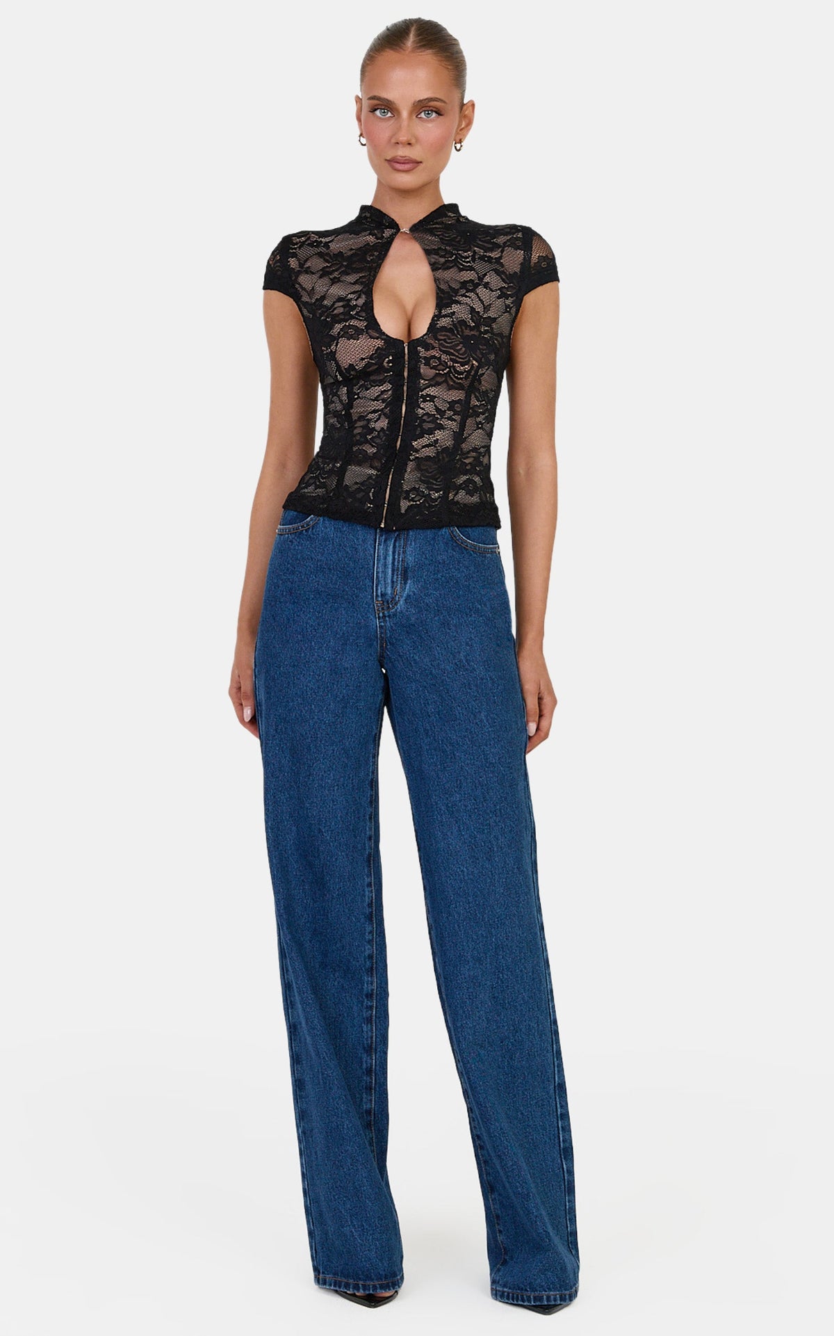 Nyla Top - Mandarin Collar Keyhole Lace Top in Black