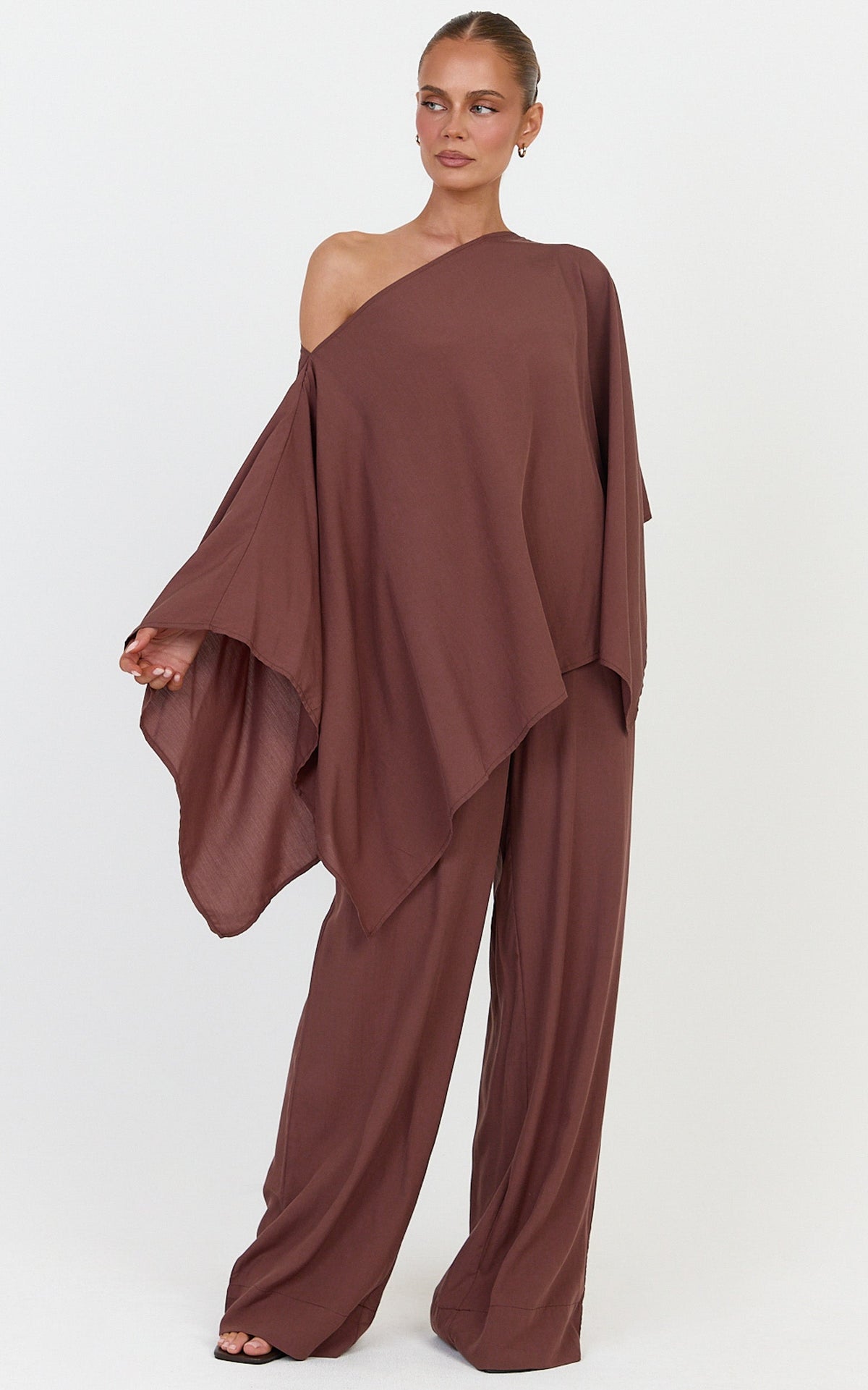 Beatrice Two Piece Top and Pants Set - Off Shoulder Cape Top and Pants Set in Chocolate