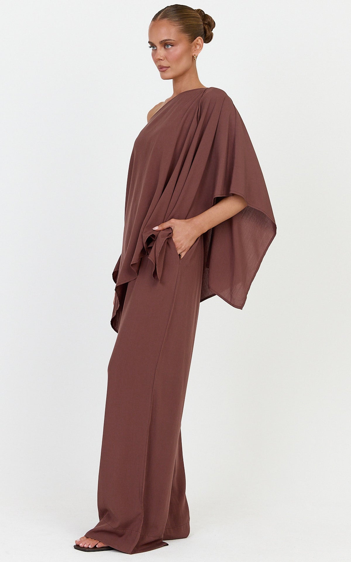 Beatrice Two Piece Top and Pants Set - Off Shoulder Cape Top and Pants Set in Chocolate