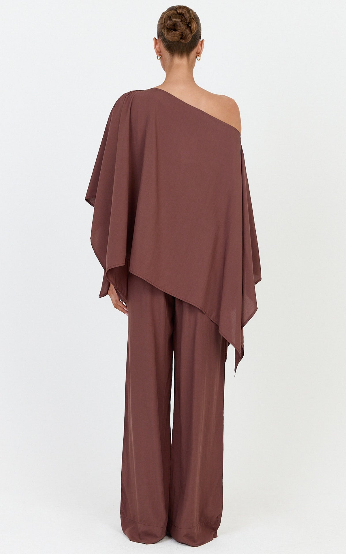 Beatrice Two Piece Top and Pants Set - Off Shoulder Cape Top and Pants Set in Chocolate