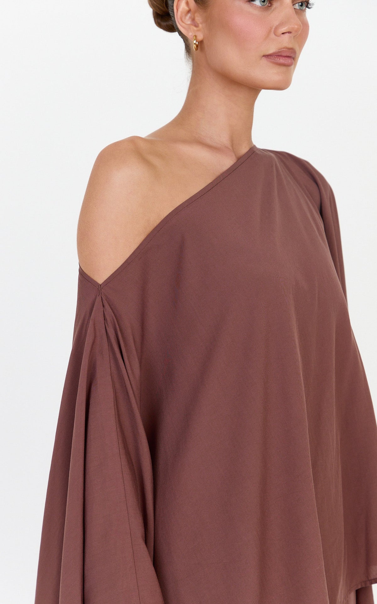 Beatrice Two Piece Top and Pants Set - Off Shoulder Cape Top and Pants Set in Chocolate