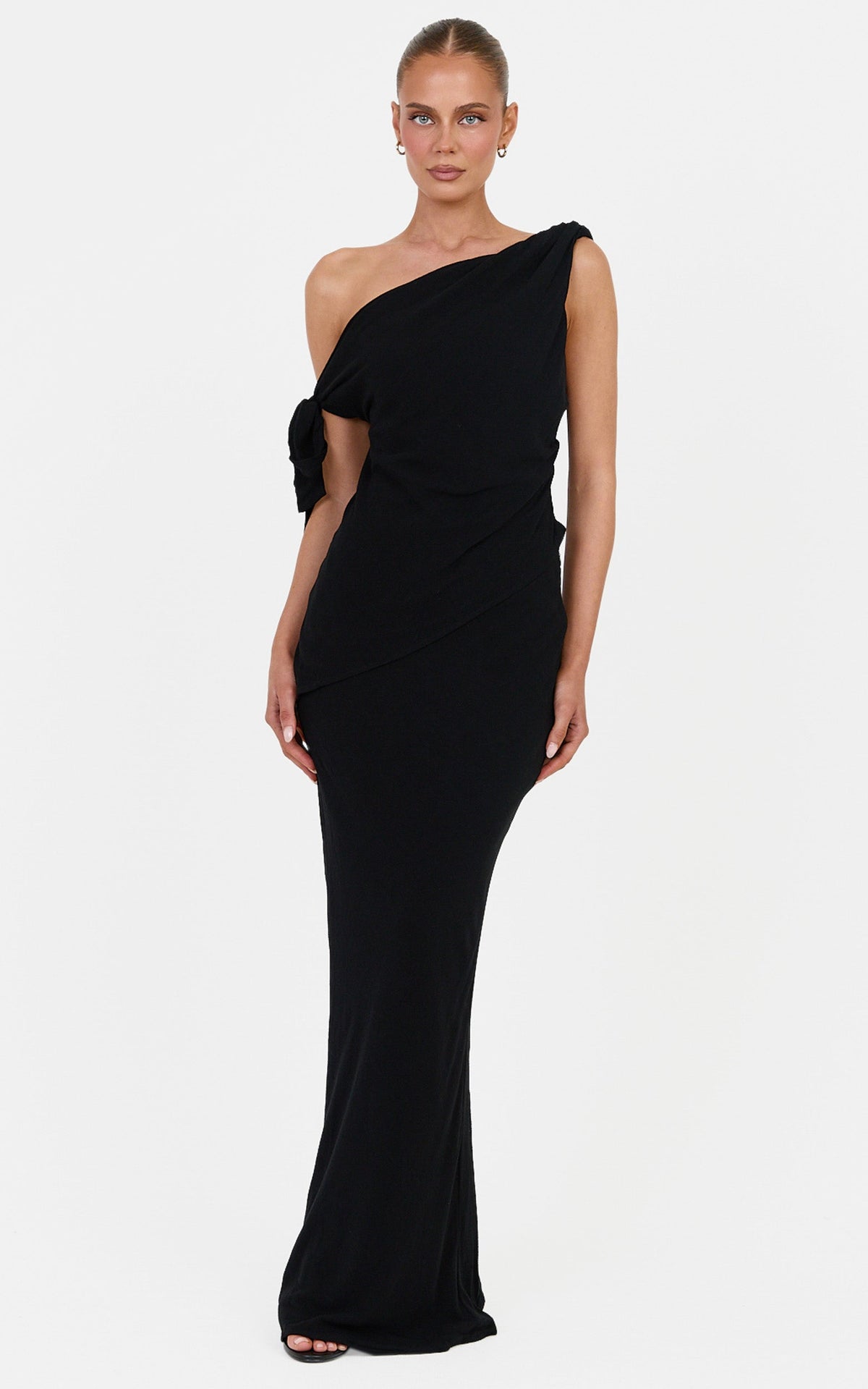 Antoinette Two Piece Top and Skirt Set - Linen Blend Tie Detail Top and Maxi Skirt Set in Black