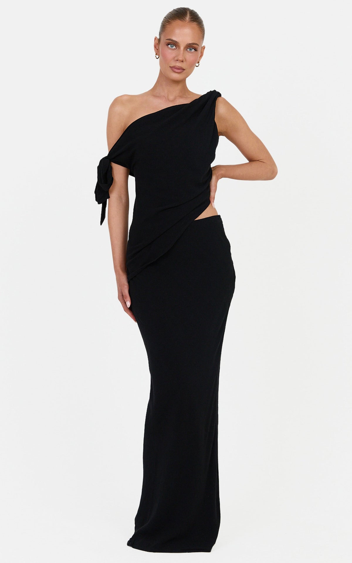 Antoinette Two Piece Top and Skirt Set - Linen Blend Tie Detail Top and Maxi Skirt Set in Black