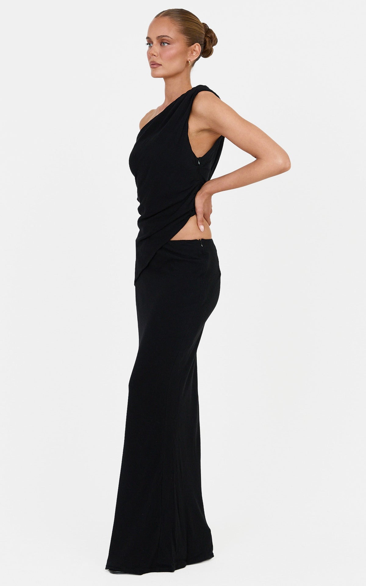 Antoinette Two Piece Top and Skirt Set - Linen Blend Tie Detail Top and Maxi Skirt Set in Black