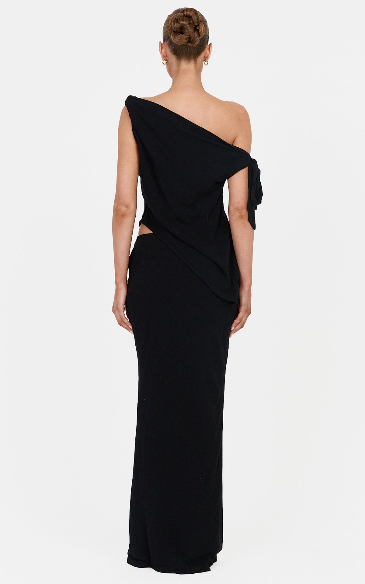 Antoinette Two Piece Top and Skirt Set - Linen Blend Tie Detail Top and Maxi Skirt Set in Black