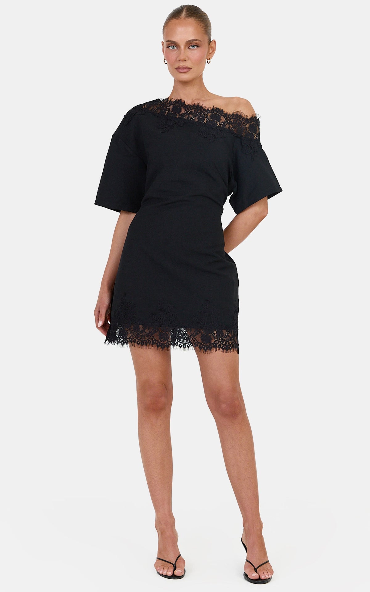 Chantelle Mini Dress - Cotton Blend Asymmetrical Tie Back Lace Mini Dress in Black