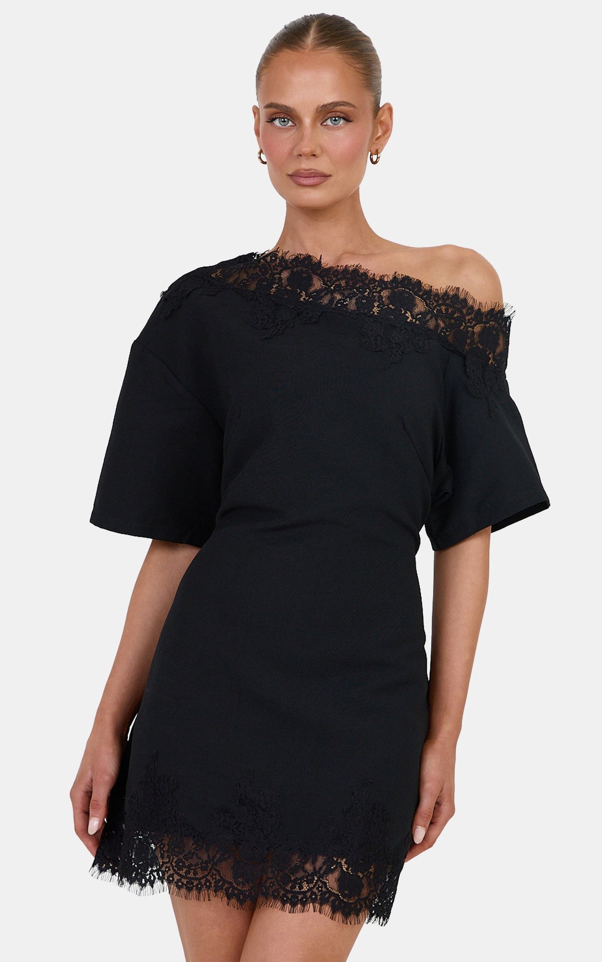 Chantelle Mini Dress - Cotton Blend Asymmetrical Tie Back Lace Mini Dress in Black