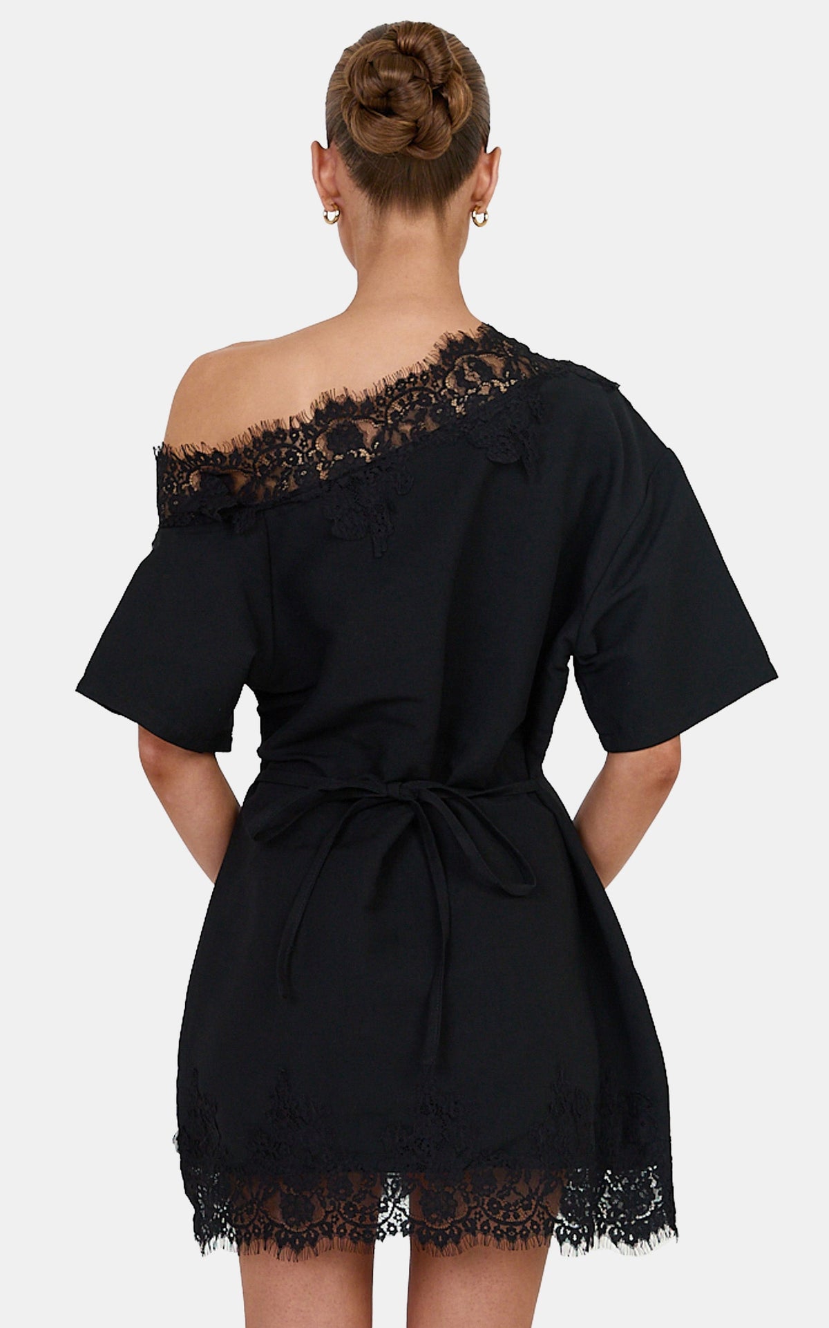 Chantelle Mini Dress - Cotton Blend Asymmetrical Tie Back Lace Mini Dress in Black