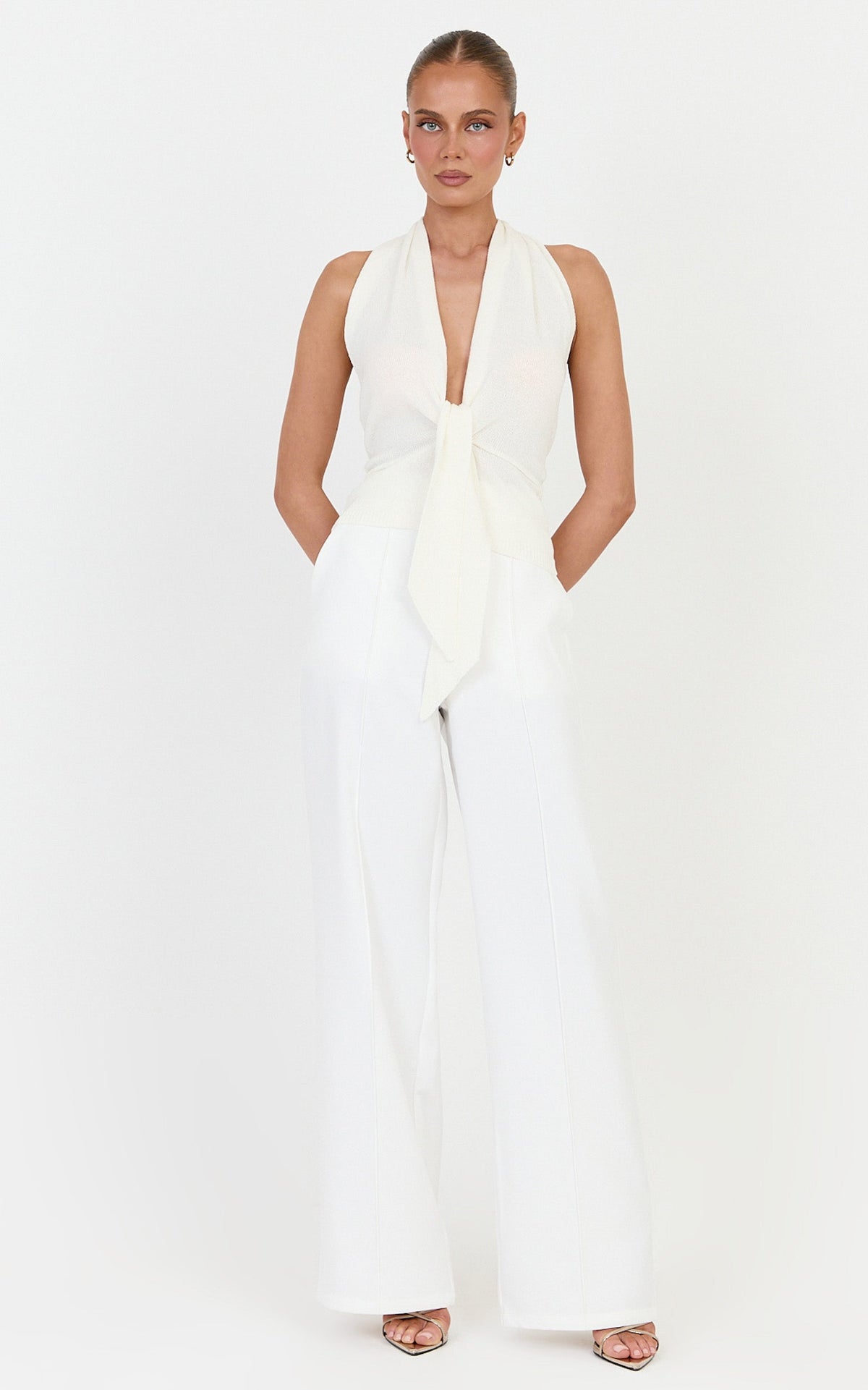 Florence Top - Halterneck Tie Detail Knit Top in Ivory