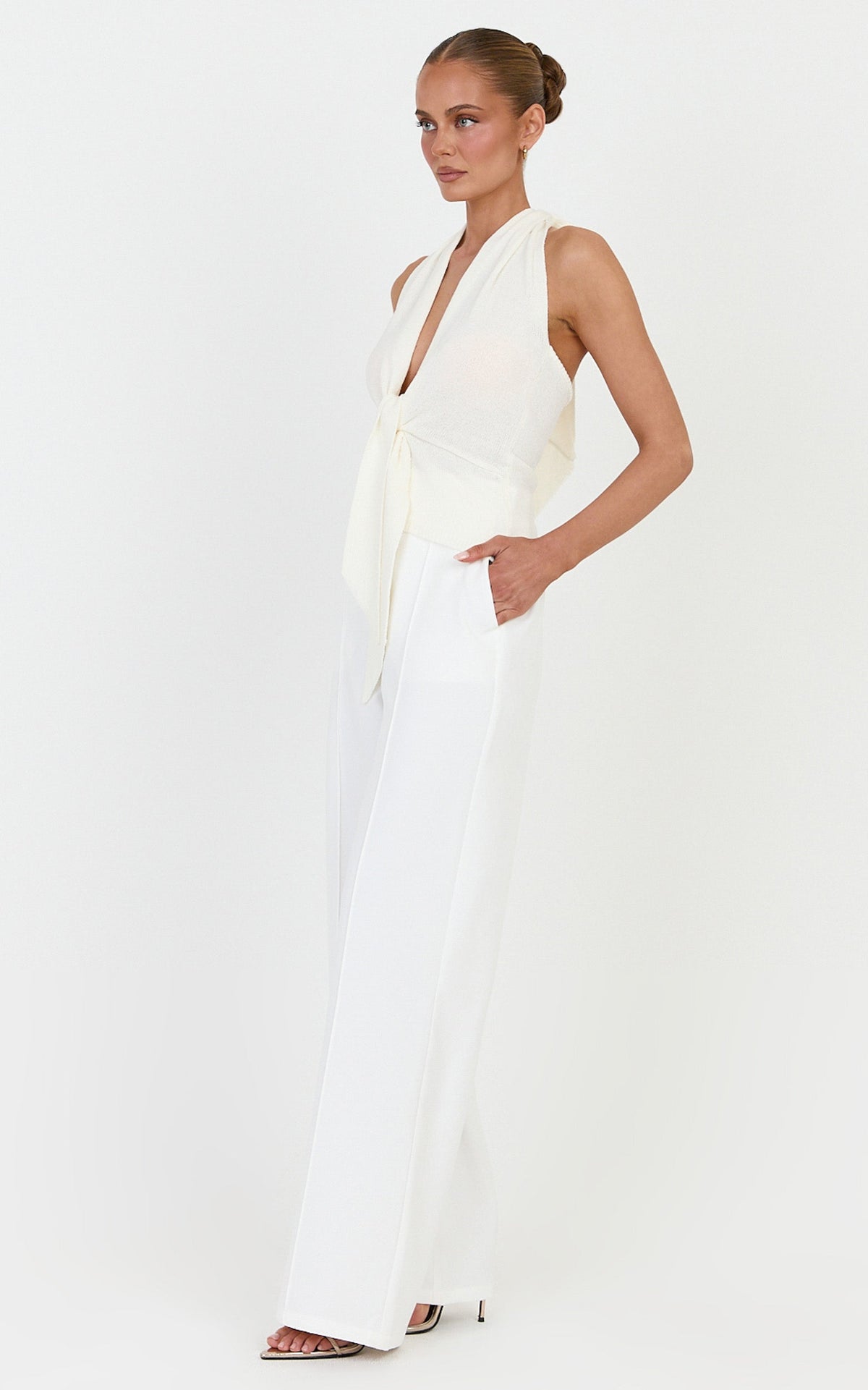 Florence Top - Halterneck Tie Detail Knit Top in Ivory