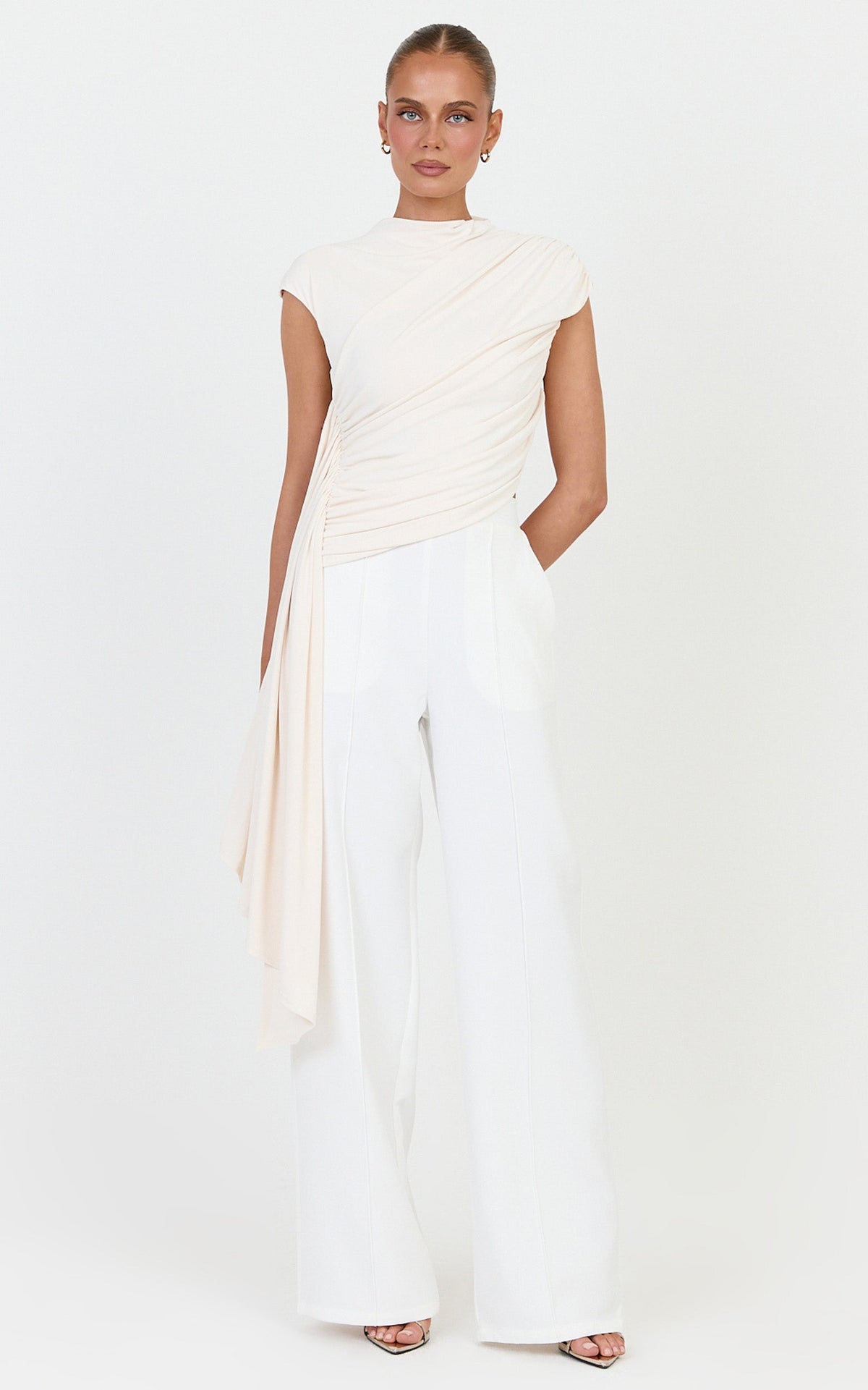 Helena Top - Jersey Drape Scarf Top in Off White