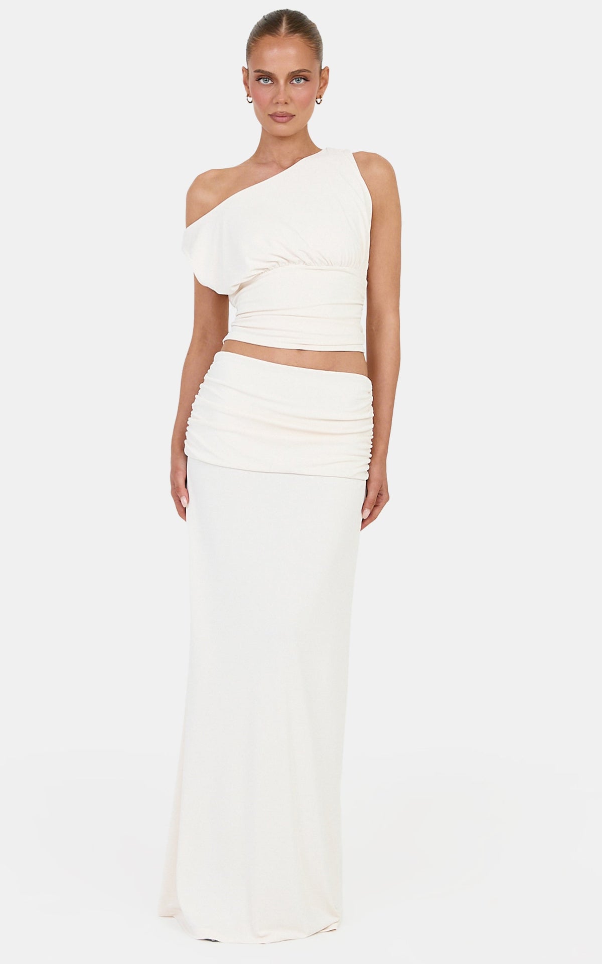 Helena Two Piece Top and Skirt Set - Tipped Shoulder Top and Skirt Set in Off-White