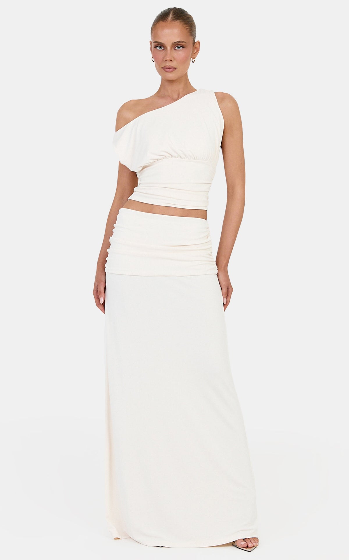 Helena Two Piece Top and Skirt Set - Tipped Shoulder Top and Skirt Set in Off-White