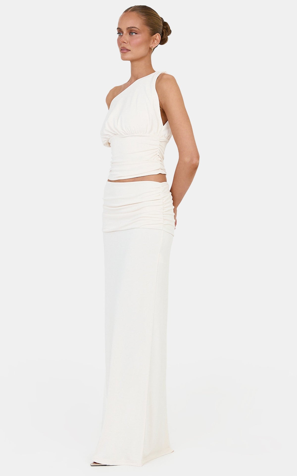 Helena Two Piece Top and Skirt Set - Tipped Shoulder Top and Skirt Set in Off-White