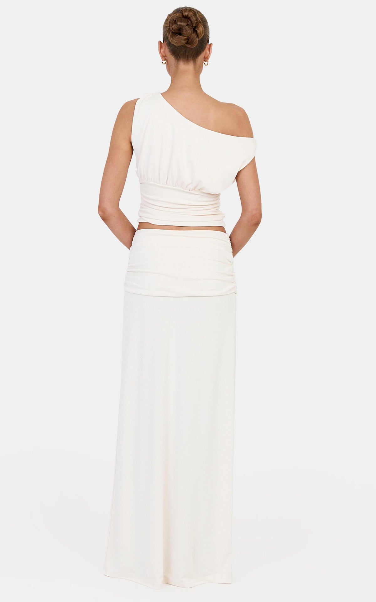 Helena Two Piece Top and Skirt Set - Tipped Shoulder Top and Skirt Set in Off-White