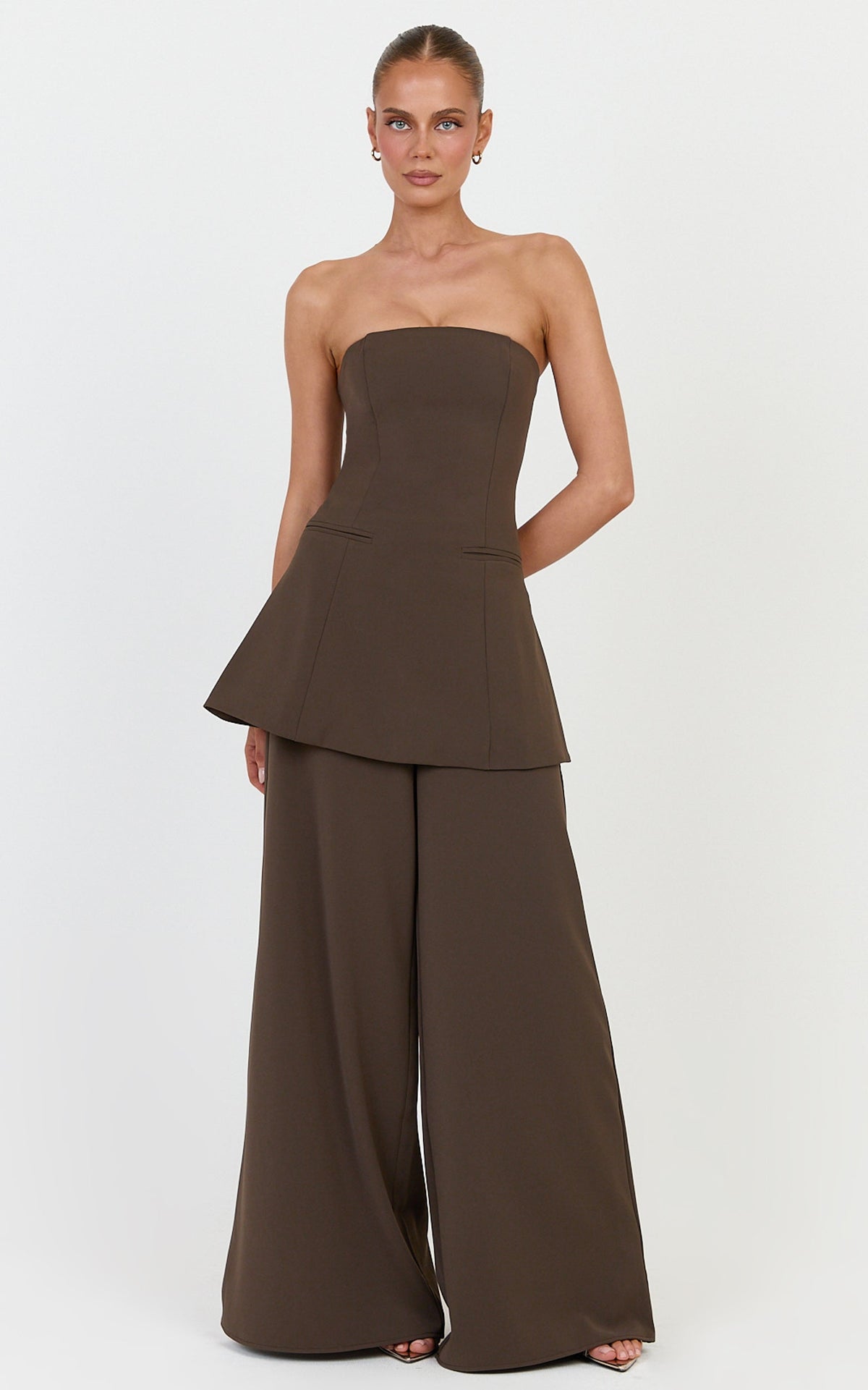 Jane Two Piece Top and Pants Set - Strapless Longline Top and Wide Leg Pants Set in Dark Chocolate