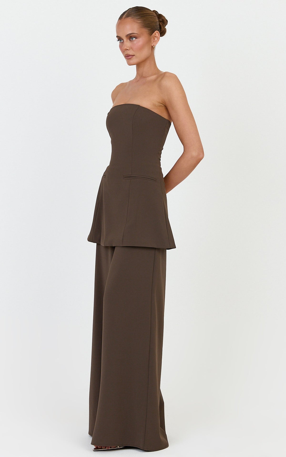 Jane Two Piece Top and Pants Set - Strapless Longline Top and Wide Leg Pants Set in Dark Chocolate