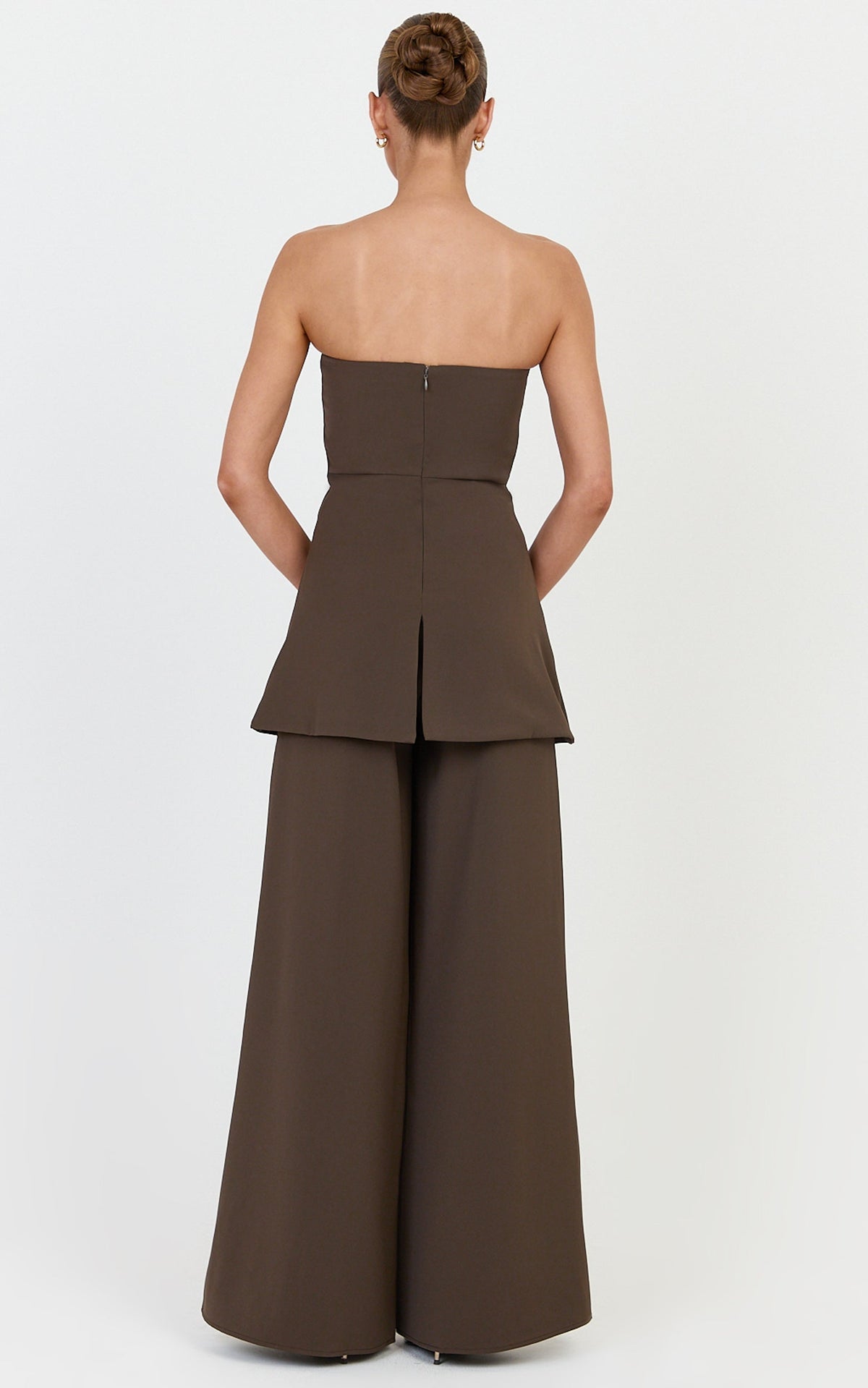 Jane Two Piece Top and Pants Set - Strapless Longline Top and Wide Leg Pants Set in Dark Chocolate