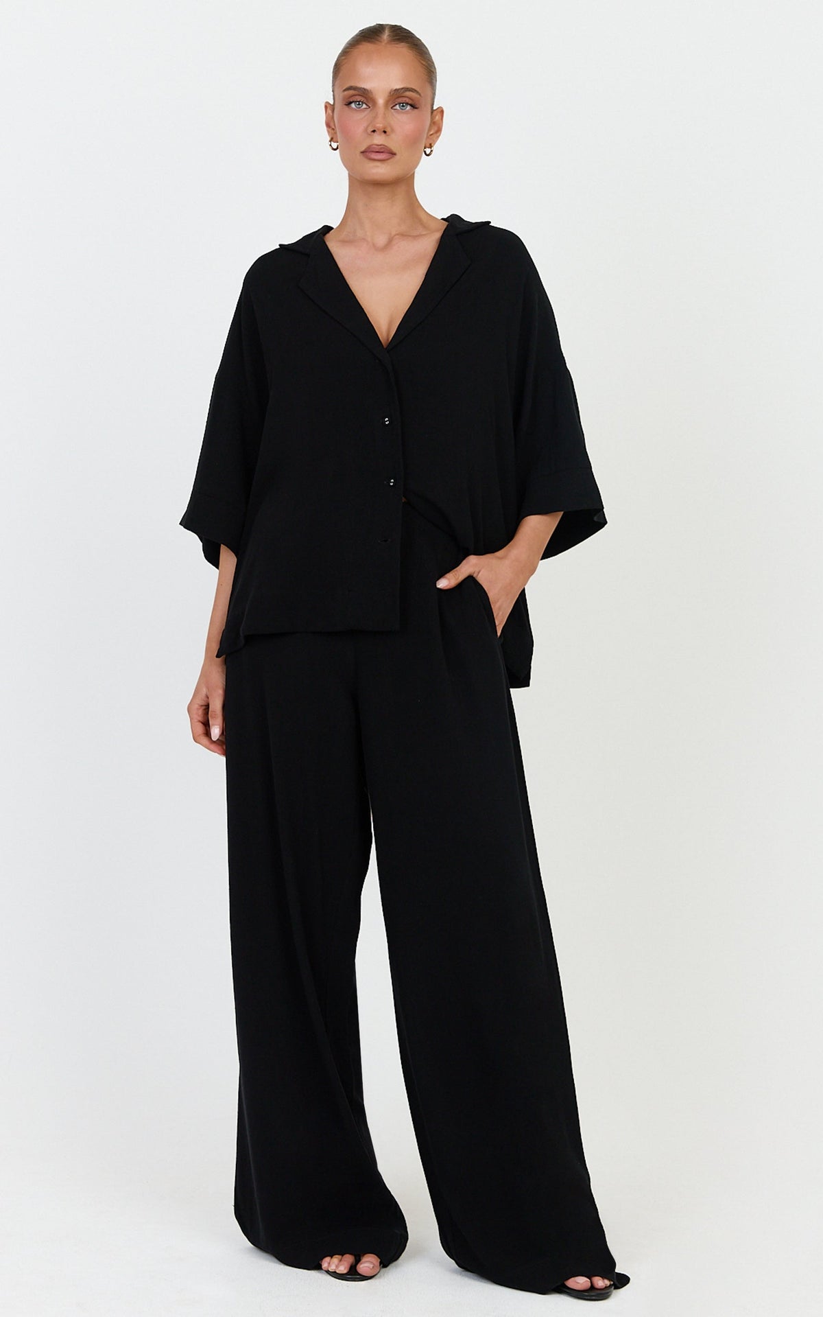 Jenna Two Piece Top and Pants Set - Linen Blend Button Through Shirt and Drawstring Pants Set in Black