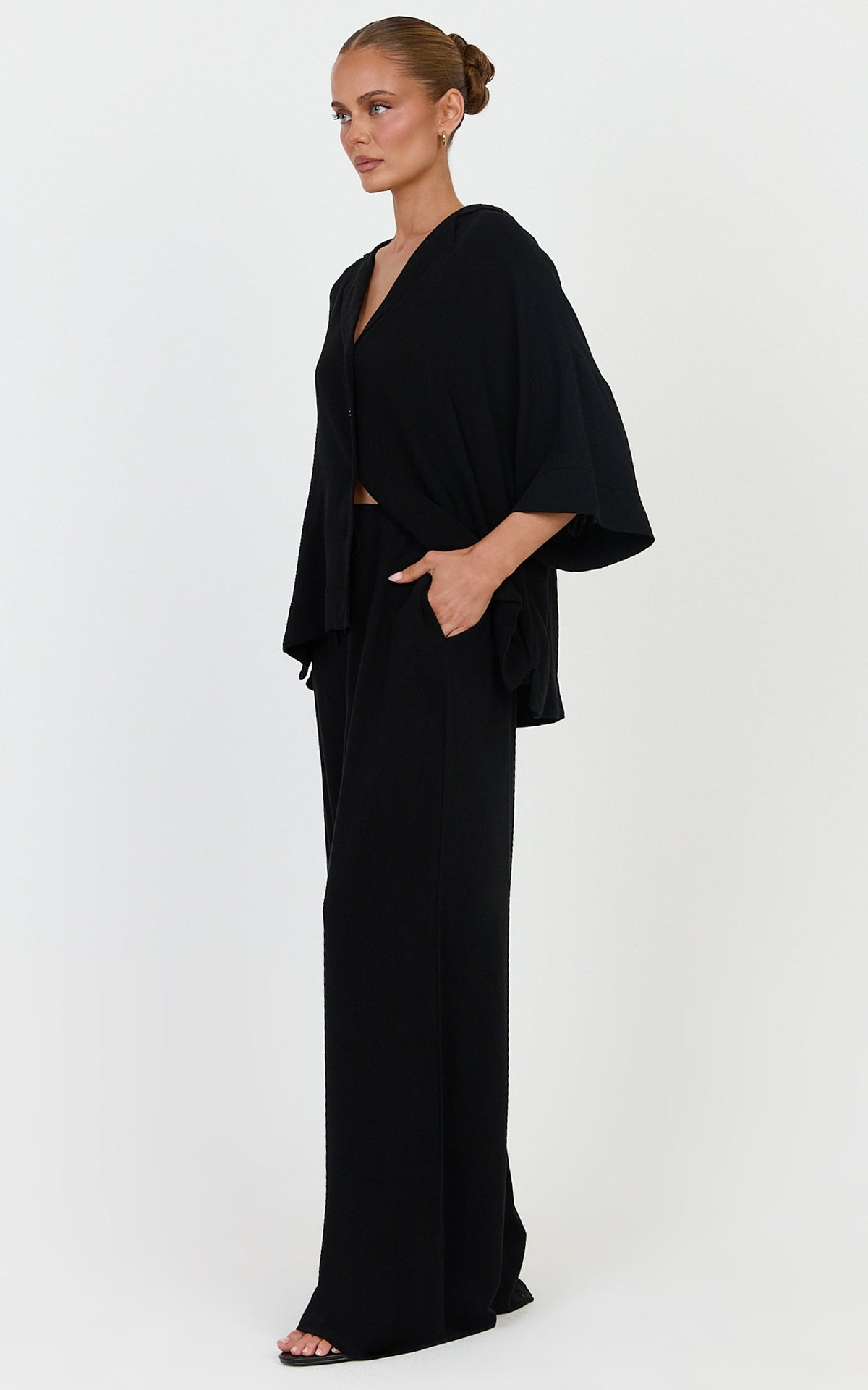 Jenna Two Piece Top and Pants Set - Linen Blend Button Through Shirt and Drawstring Pants Set in Black