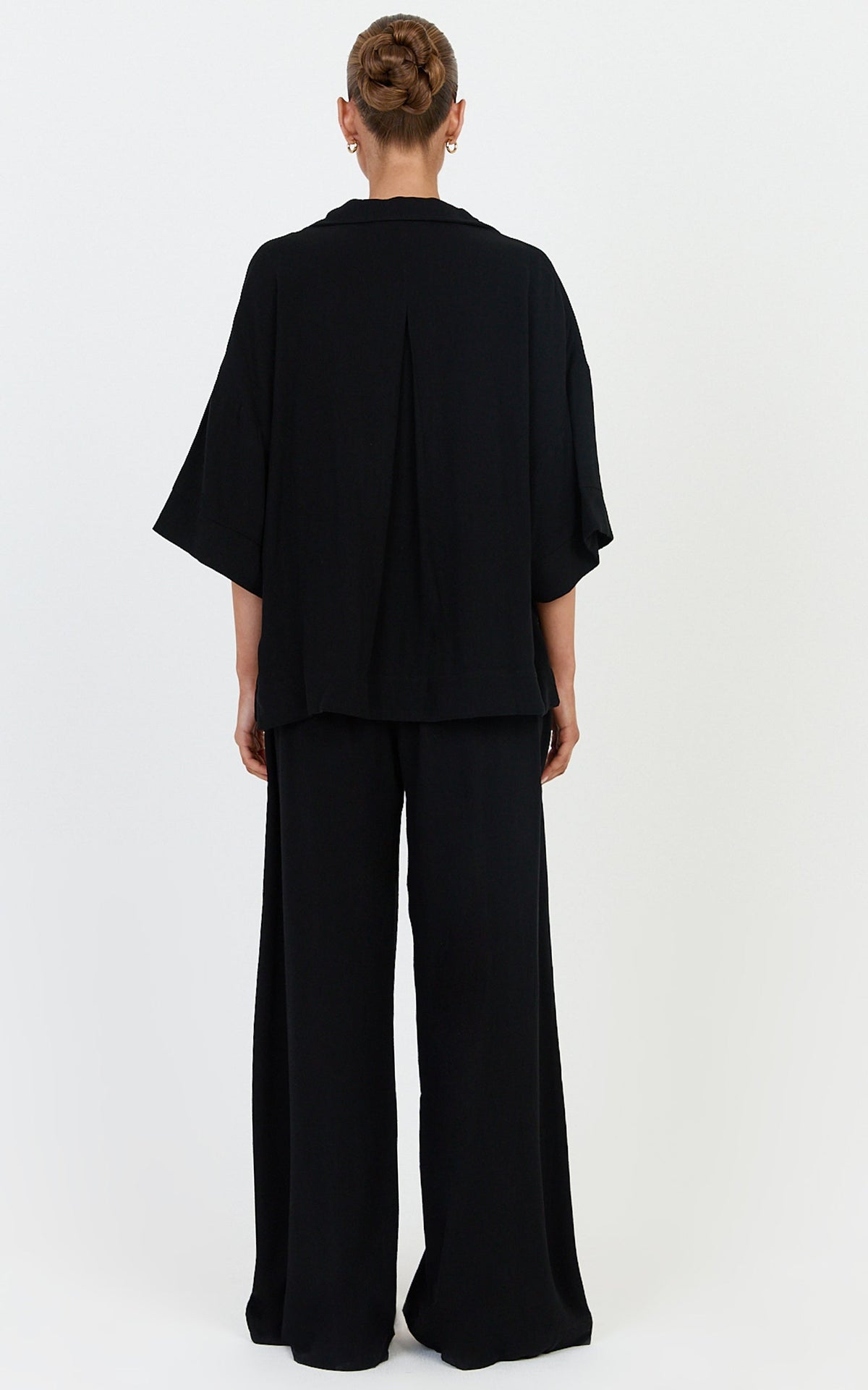 Jenna Two Piece Top and Pants Set - Linen Blend Button Through Shirt and Drawstring Pants Set in Black