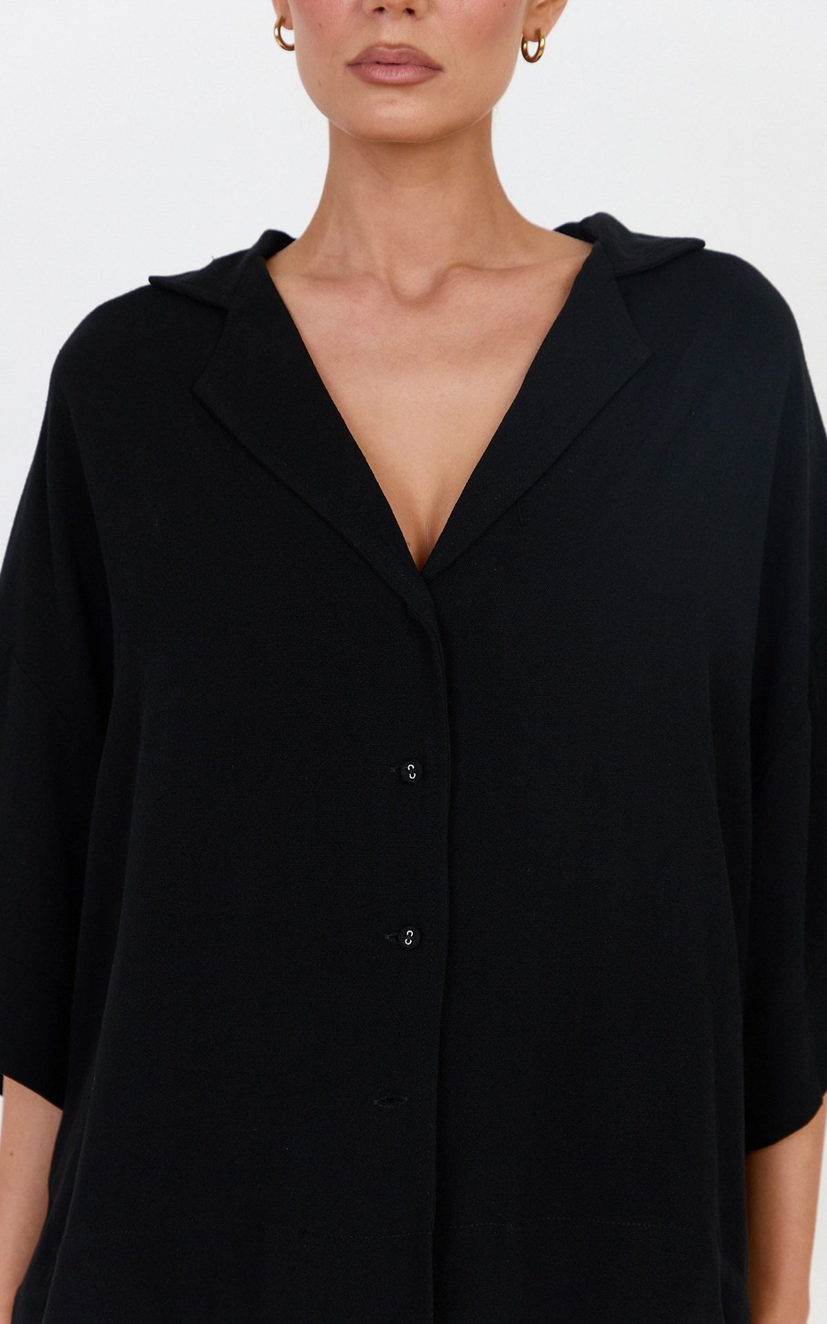 Jenna Two Piece Top and Pants Set - Linen Blend Button Through Shirt and Drawstring Pants Set in Black