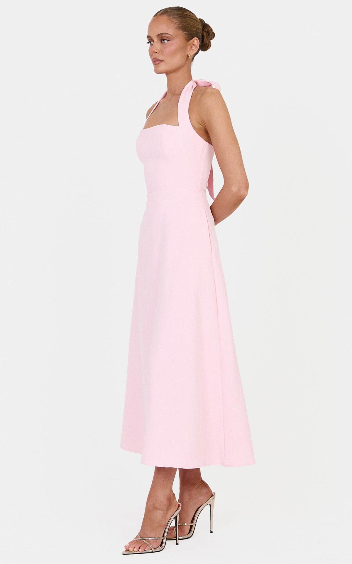 Karissa Midi Dress - Halter Neck Fit and Flare Midi Dress in Baby Pink