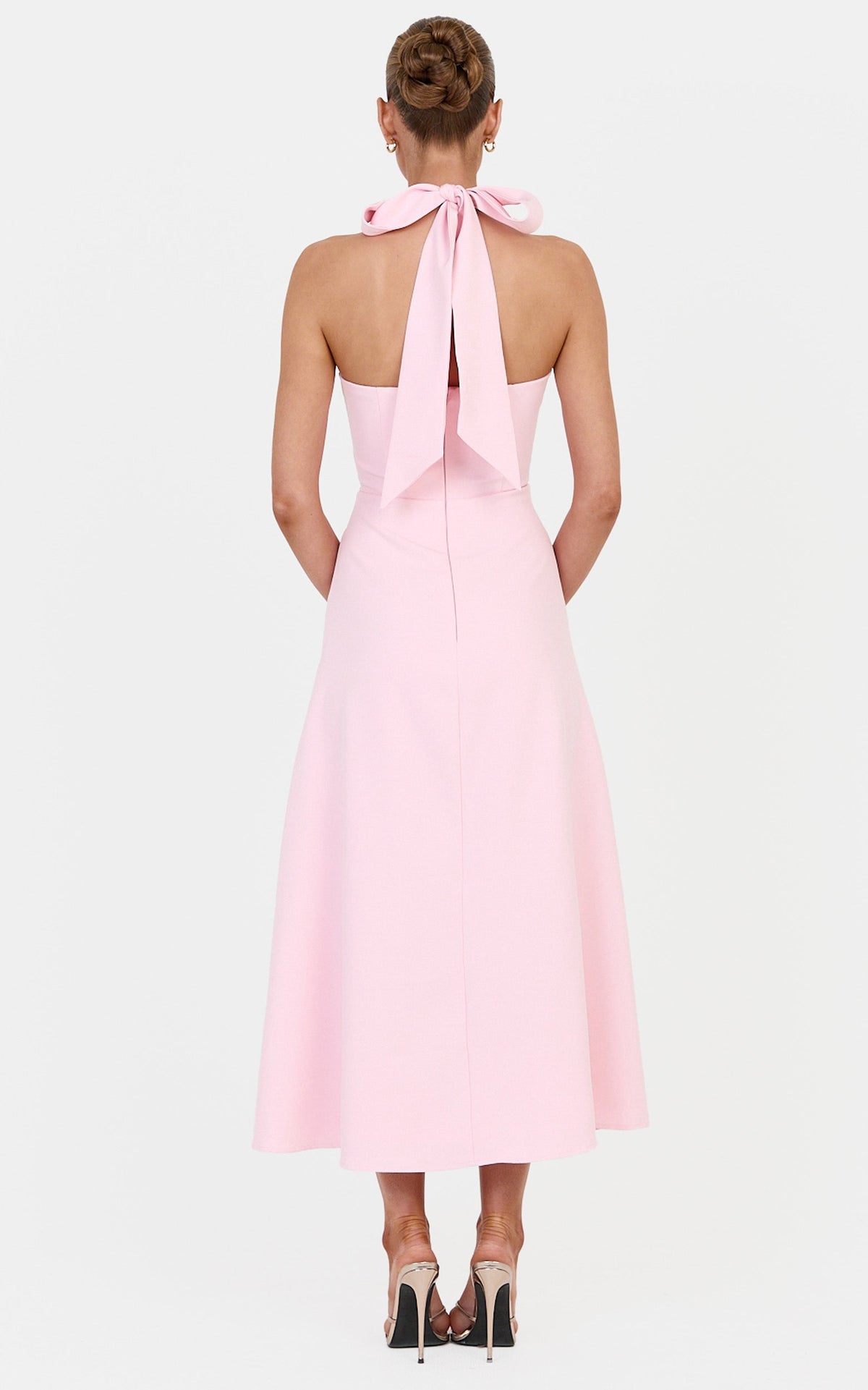 Karissa Midi Dress - Halter Neck Fit and Flare Midi Dress in Baby Pink