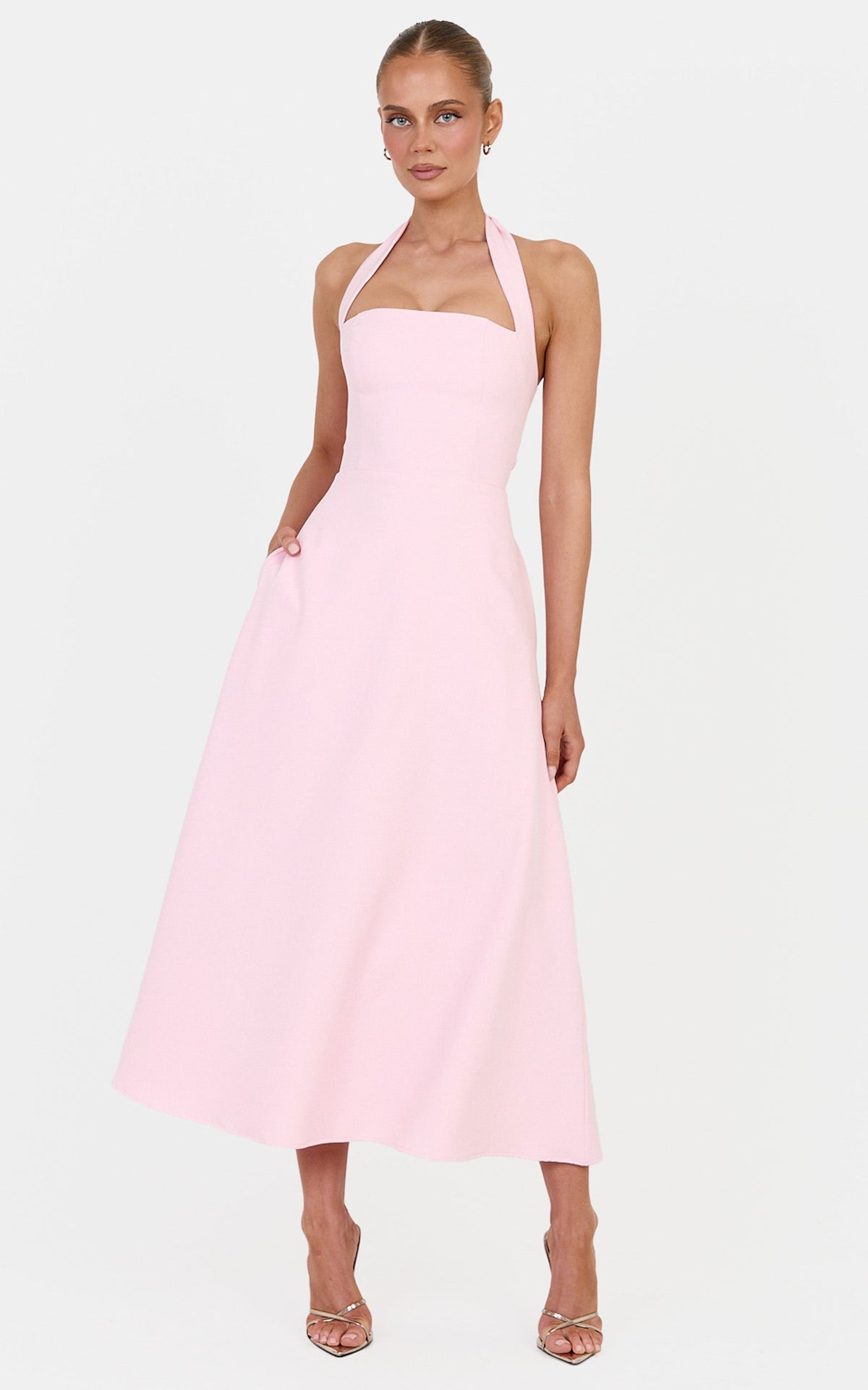 Karissa Midi Dress - Halter Neck Fit and Flare Midi Dress in Baby Pink