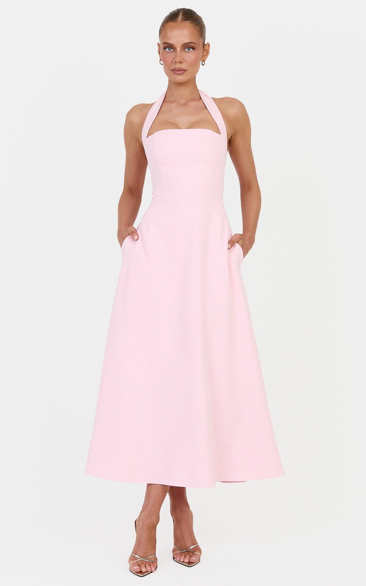 Karissa Midi Dress - Halter Neck Fit and Flare Midi Dress in Baby Pink