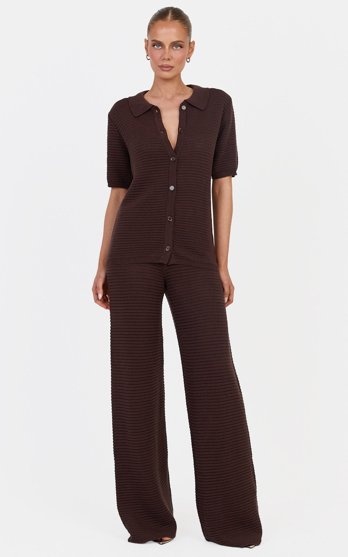 Leonora Two Piece Top and Pants Set - Cotton Knit Button Through Shirt and Drawstring Pants Set in Chocolate
