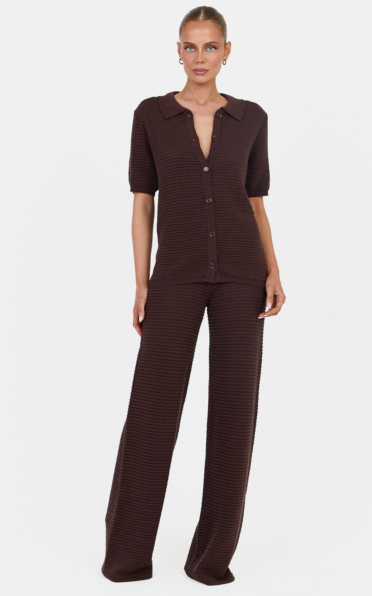 Leonora Two Piece Top and Pants Set - Cotton Knit Button Through Shirt and Drawstring Pants Set in Chocolate