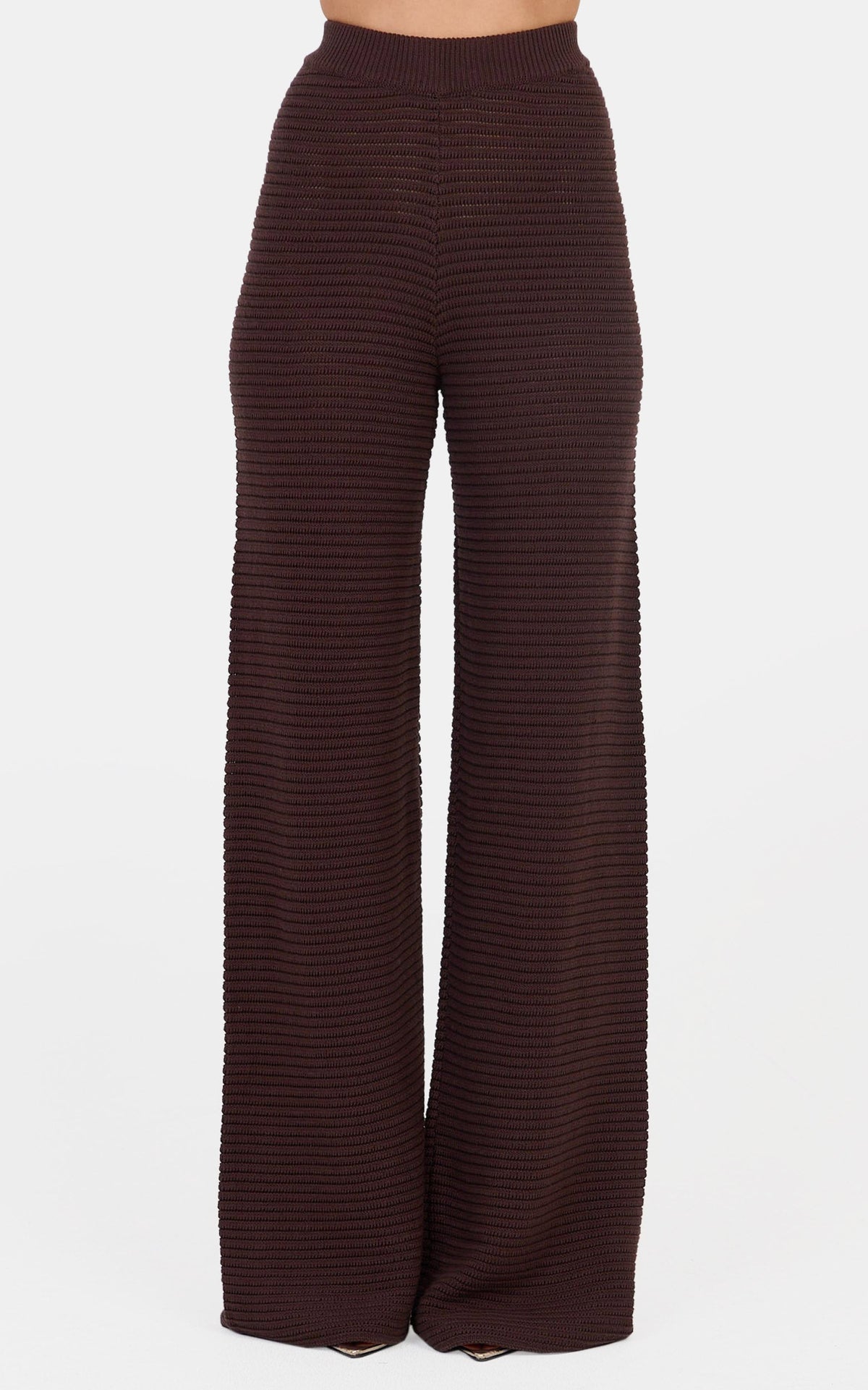 Leonora Two Piece Top and Pants Set - Cotton Knit Button Through Shirt and Drawstring Pants Set in Chocolate