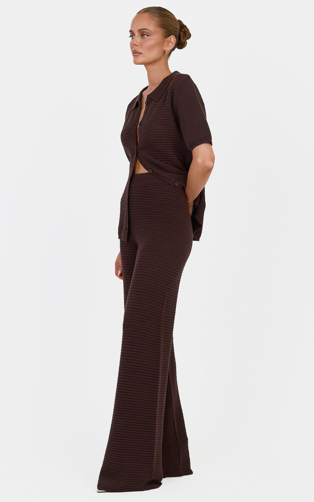Leonora Two Piece Top and Pants Set - Cotton Knit Button Through Shirt and Drawstring Pants Set in Chocolate