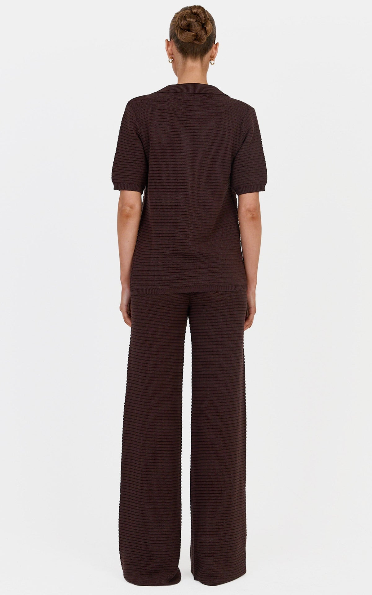 Leonora Two Piece Top and Pants Set - Cotton Knit Button Through Shirt and Drawstring Pants Set in Chocolate